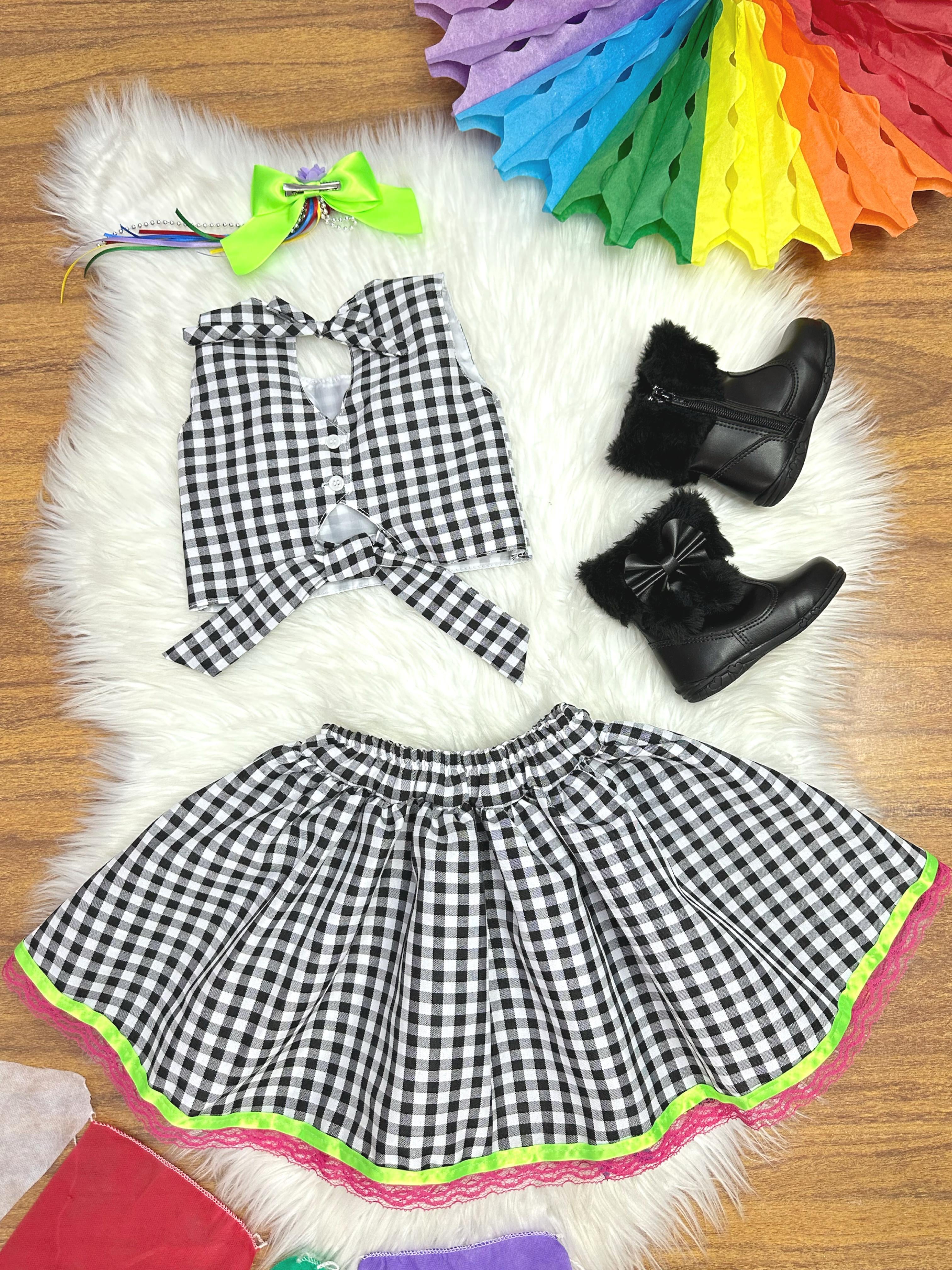 Conjunto Meninas Junino Caipira Preto Xadrez Cropped Com Saia
