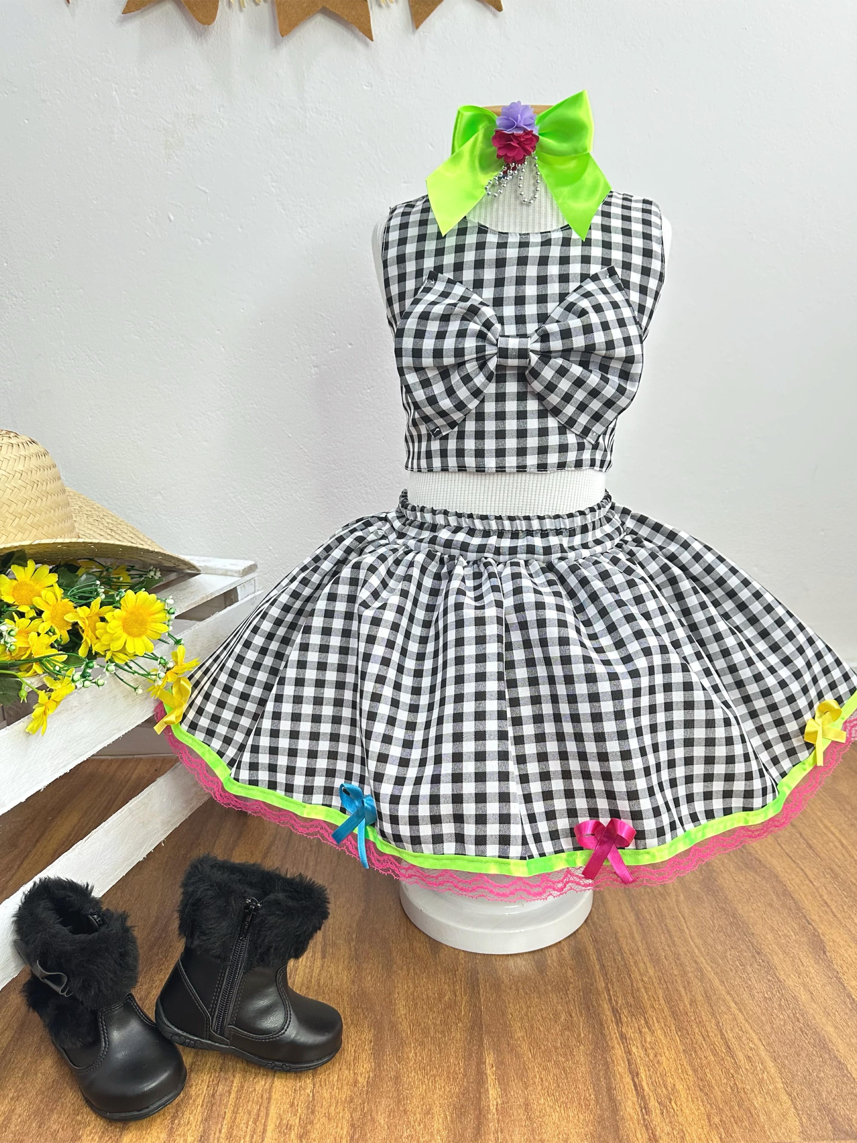 Conjunto Meninas Junino Caipira Preto Xadrez Cropped Com Saia