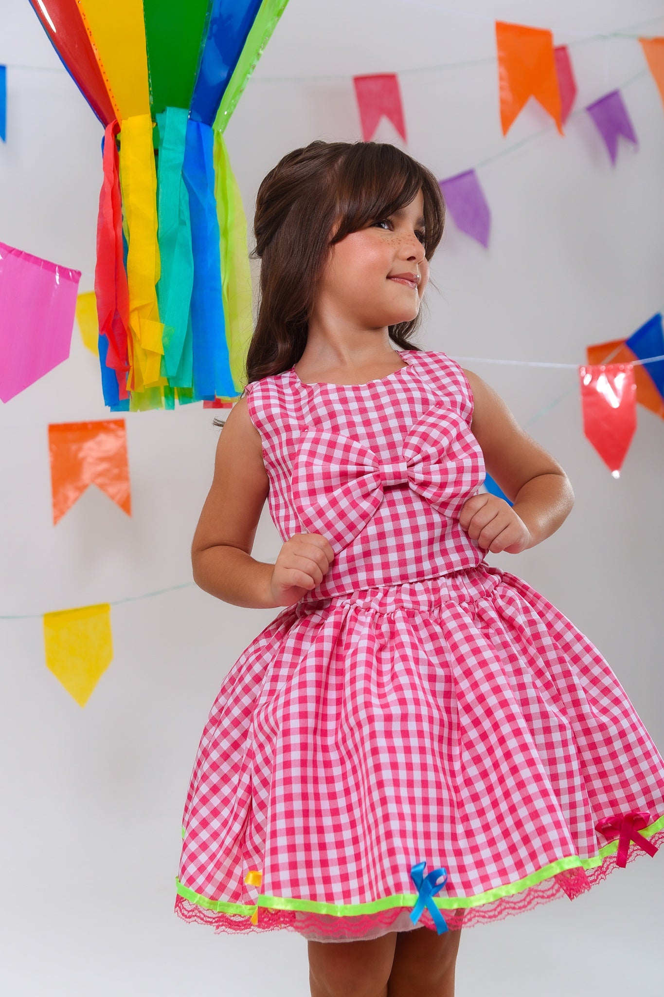 Conjunto Meninas Junino Caipira Rosa Xadrez Cropped Com Saia