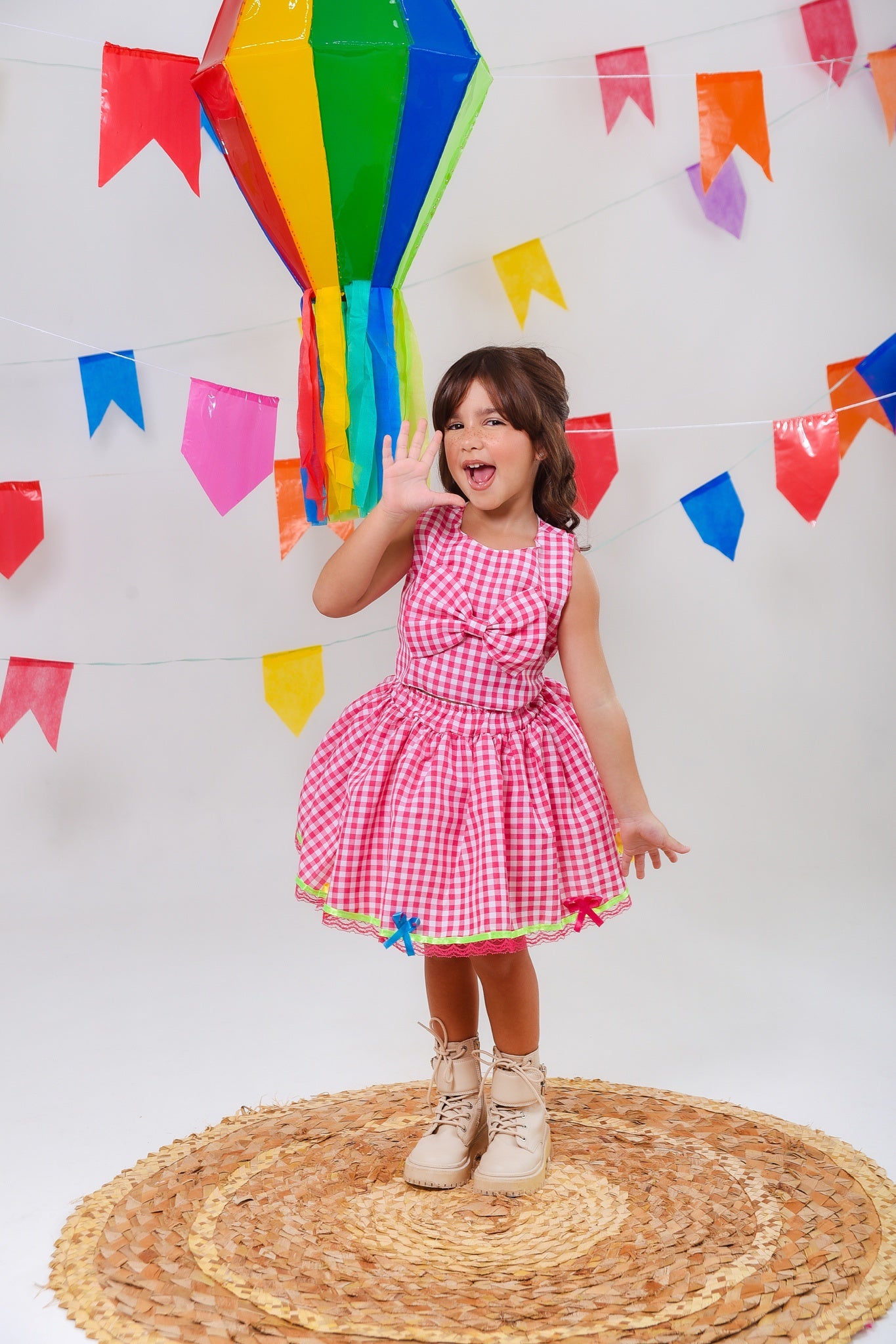 Conjunto Meninas Junino Caipira Rosa Xadrez Cropped Com Saia