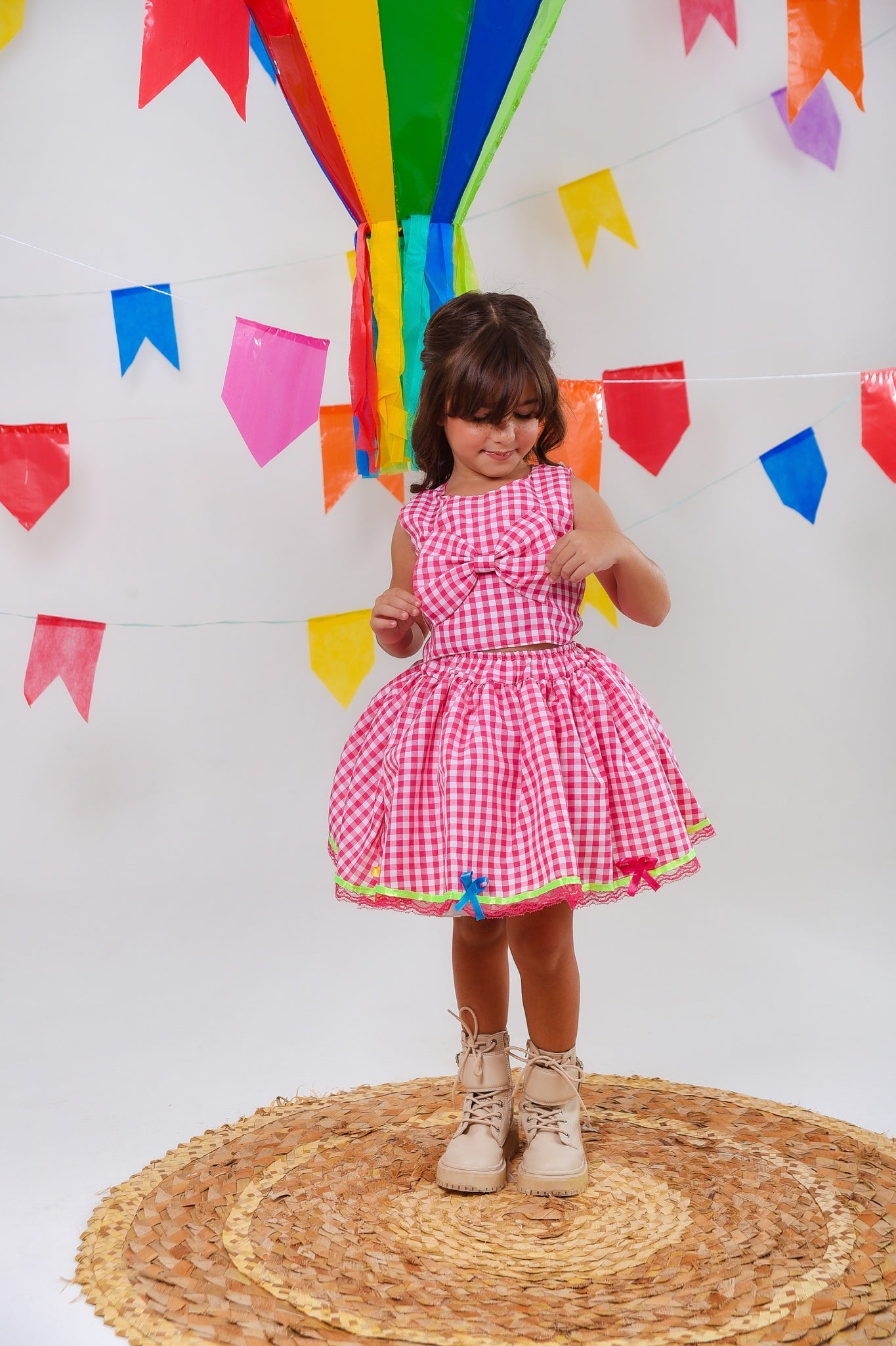 Conjunto Meninas Junino Caipira Rosa Xadrez Cropped Com Saia