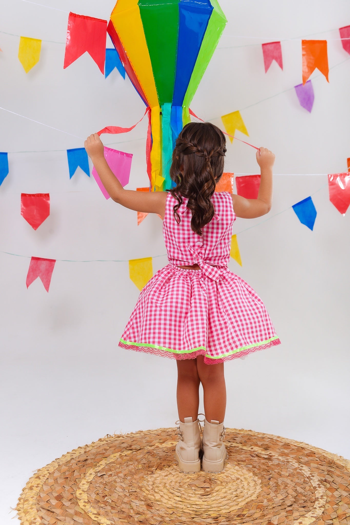 Conjunto Meninas Junino Caipira Rosa Xadrez Cropped Com Saia