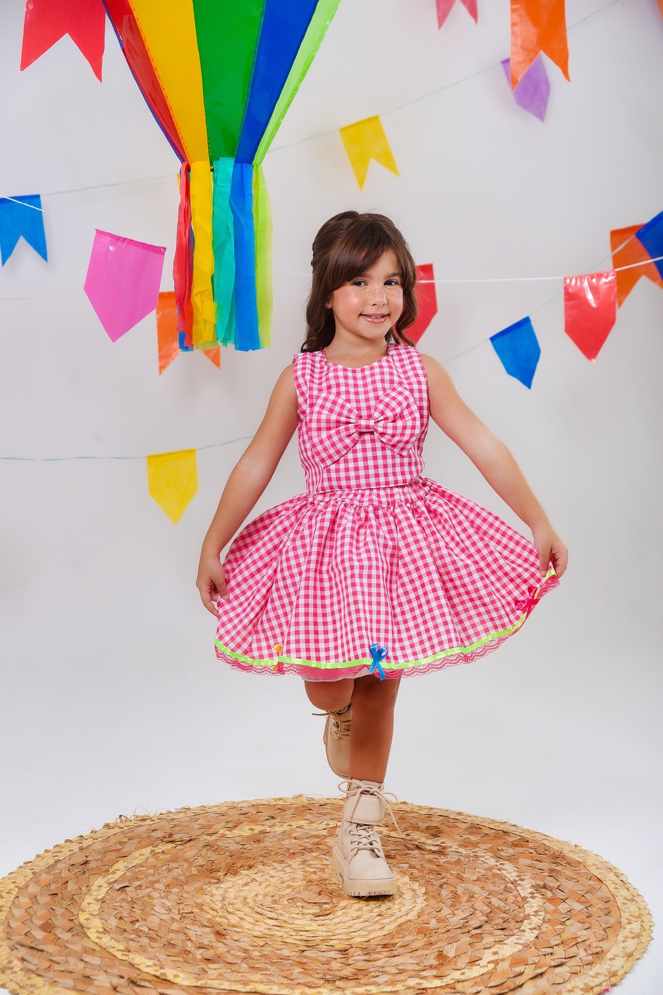 Conjunto Meninas Junino Caipira Rosa Xadrez Cropped Com Saia