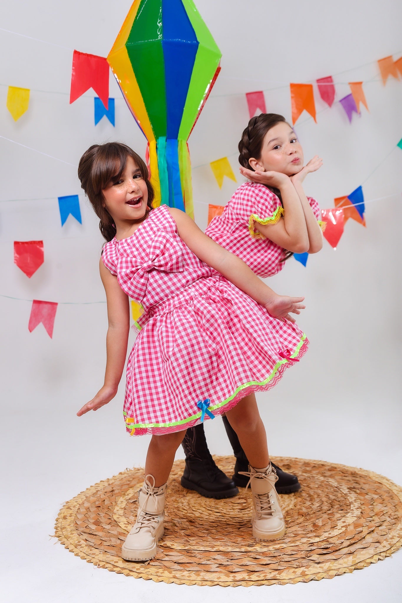 Conjunto Meninas Junino Caipira Rosa Xadrez Cropped Com Saia