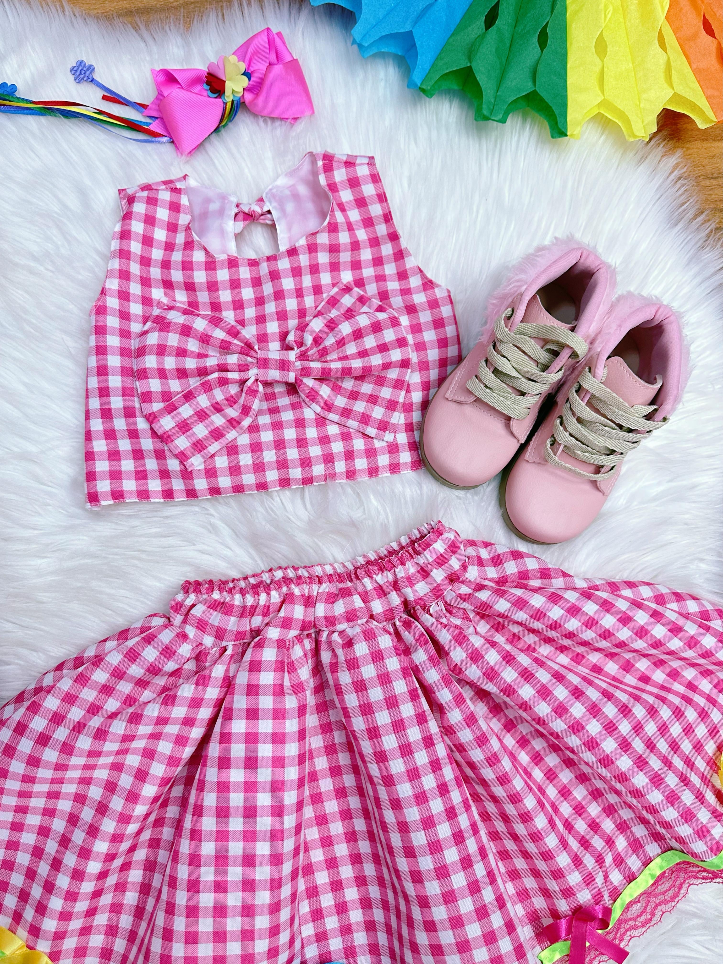 Conjunto Meninas Junino Caipira Rosa Xadrez Cropped Com Saia