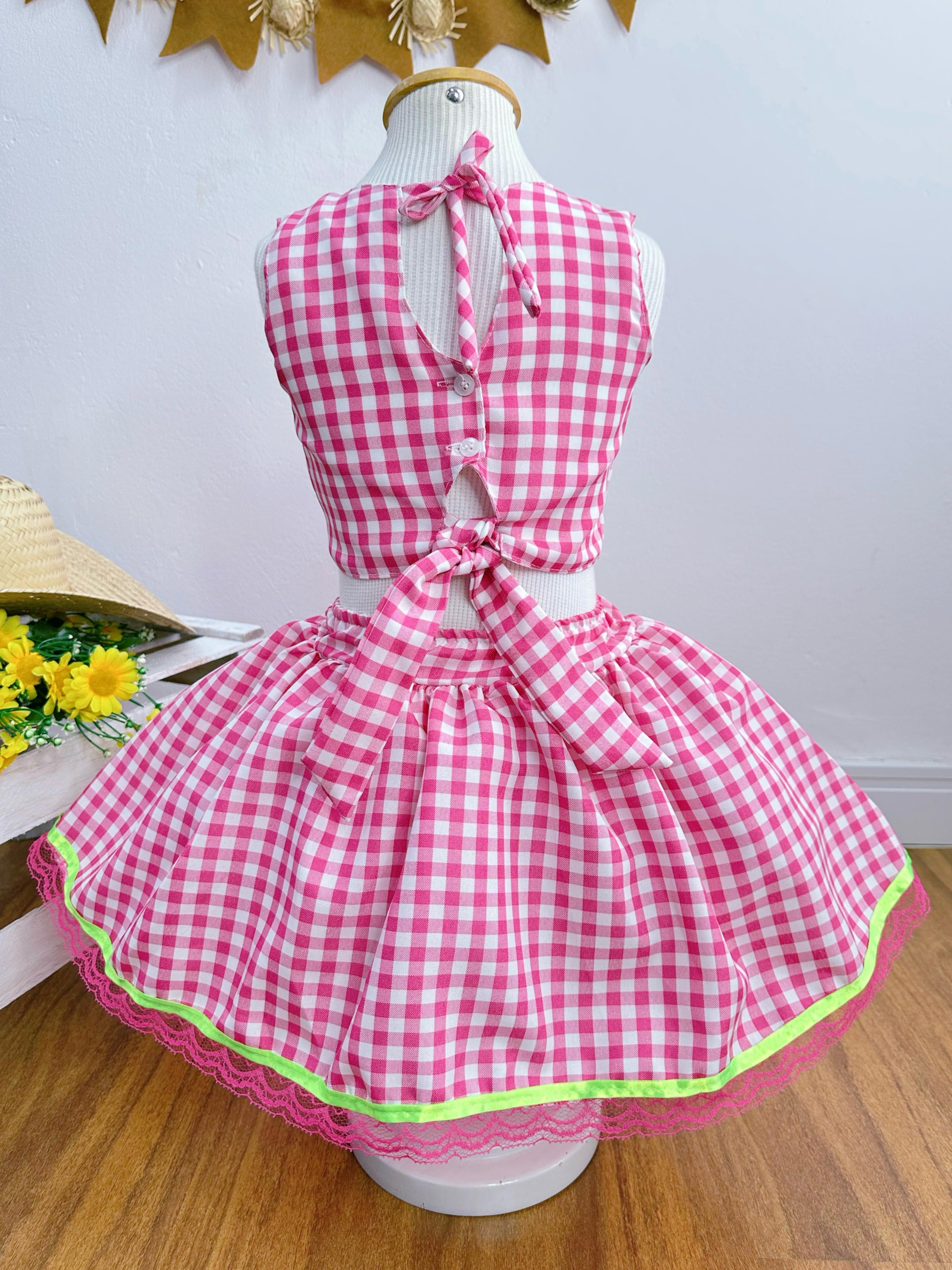 Conjunto Meninas Junino Caipira Rosa Xadrez Cropped Com Saia