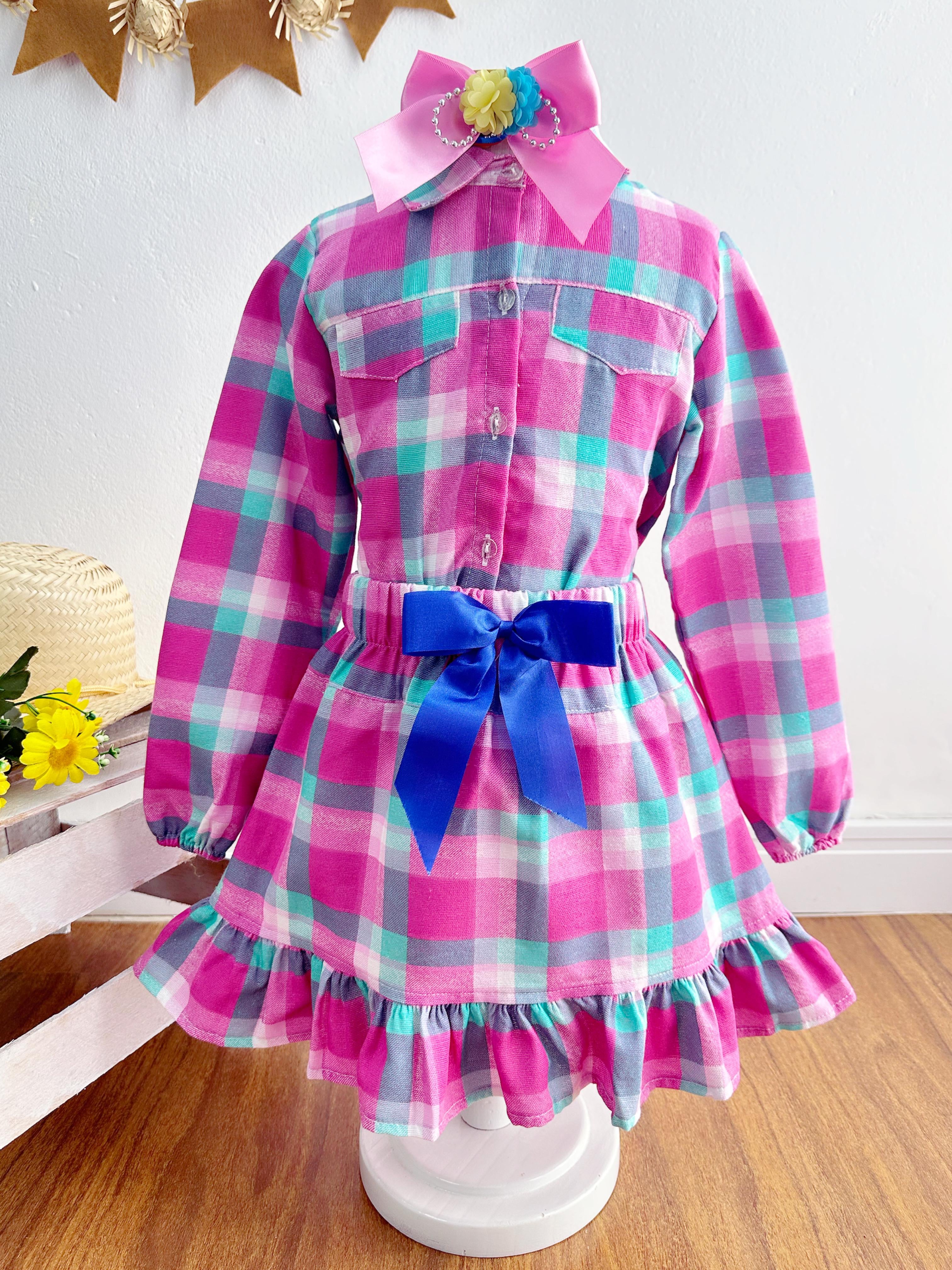 Conjunto Meninas Junino Camisa Rosa Com Mini Saia Xadrez