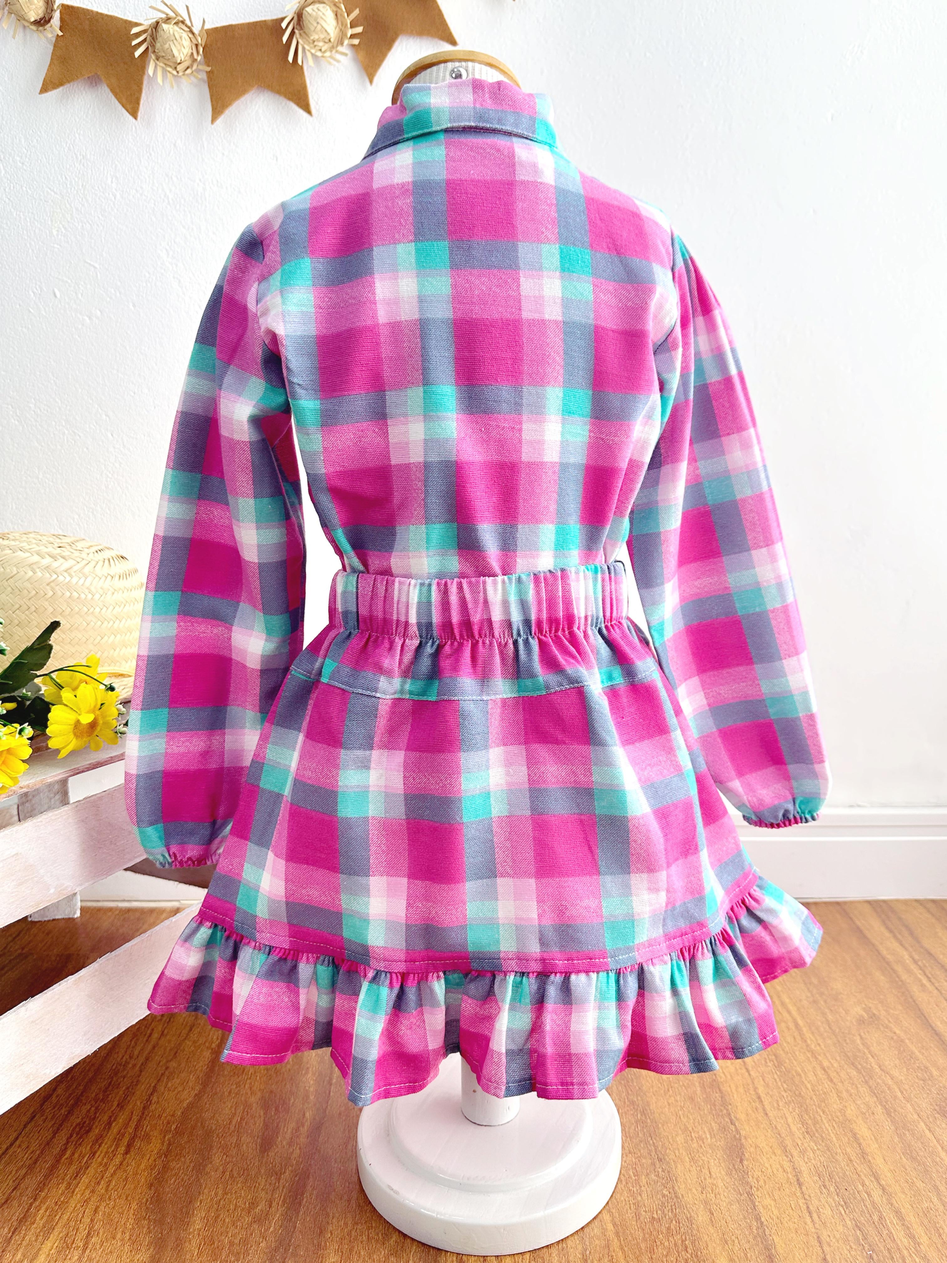 Conjunto Meninas Junino Camisa Rosa Com Mini Saia Xadrez
