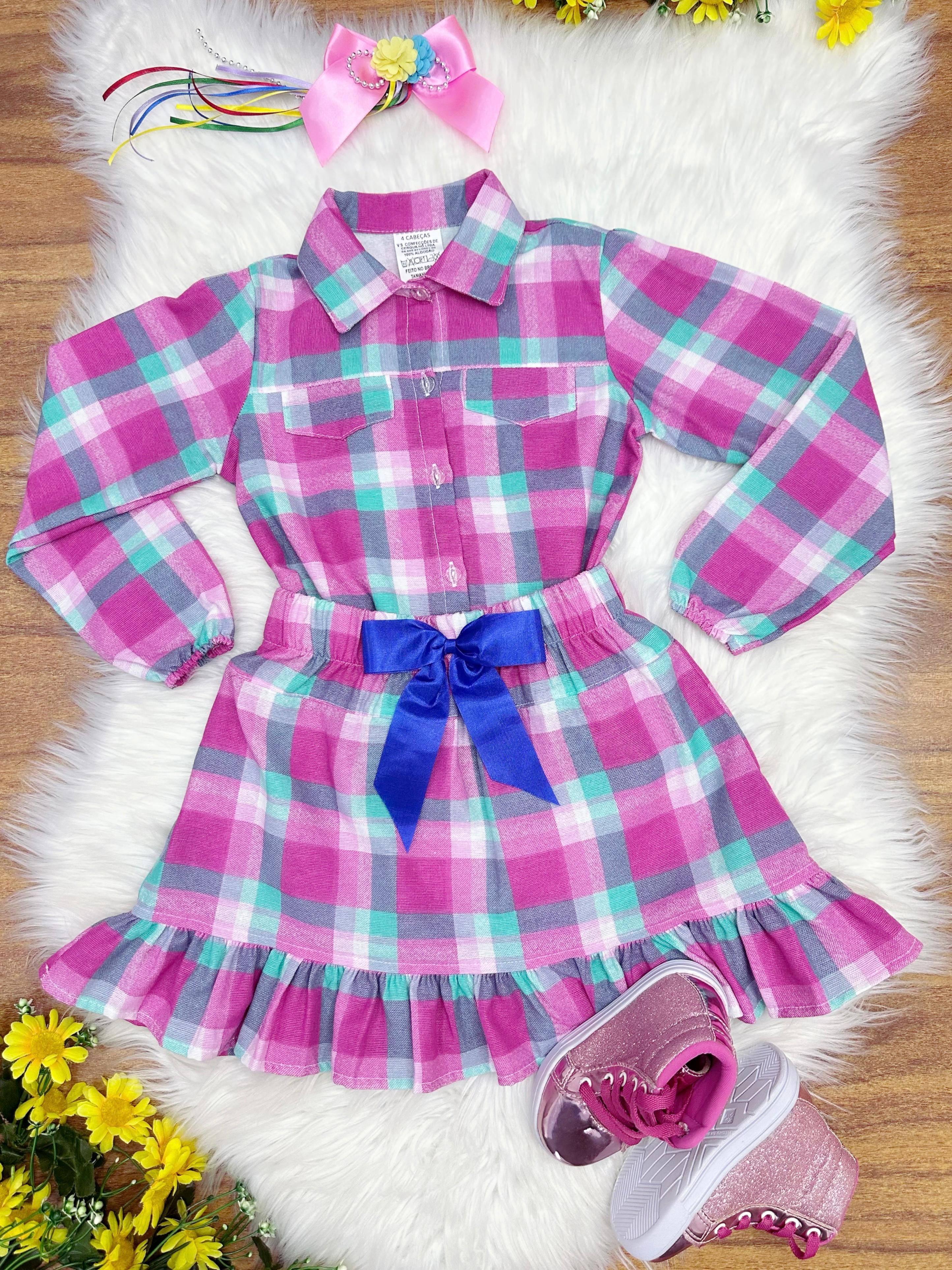 Conjunto Meninas Junino Camisa Rosa Com Mini Saia Xadrez