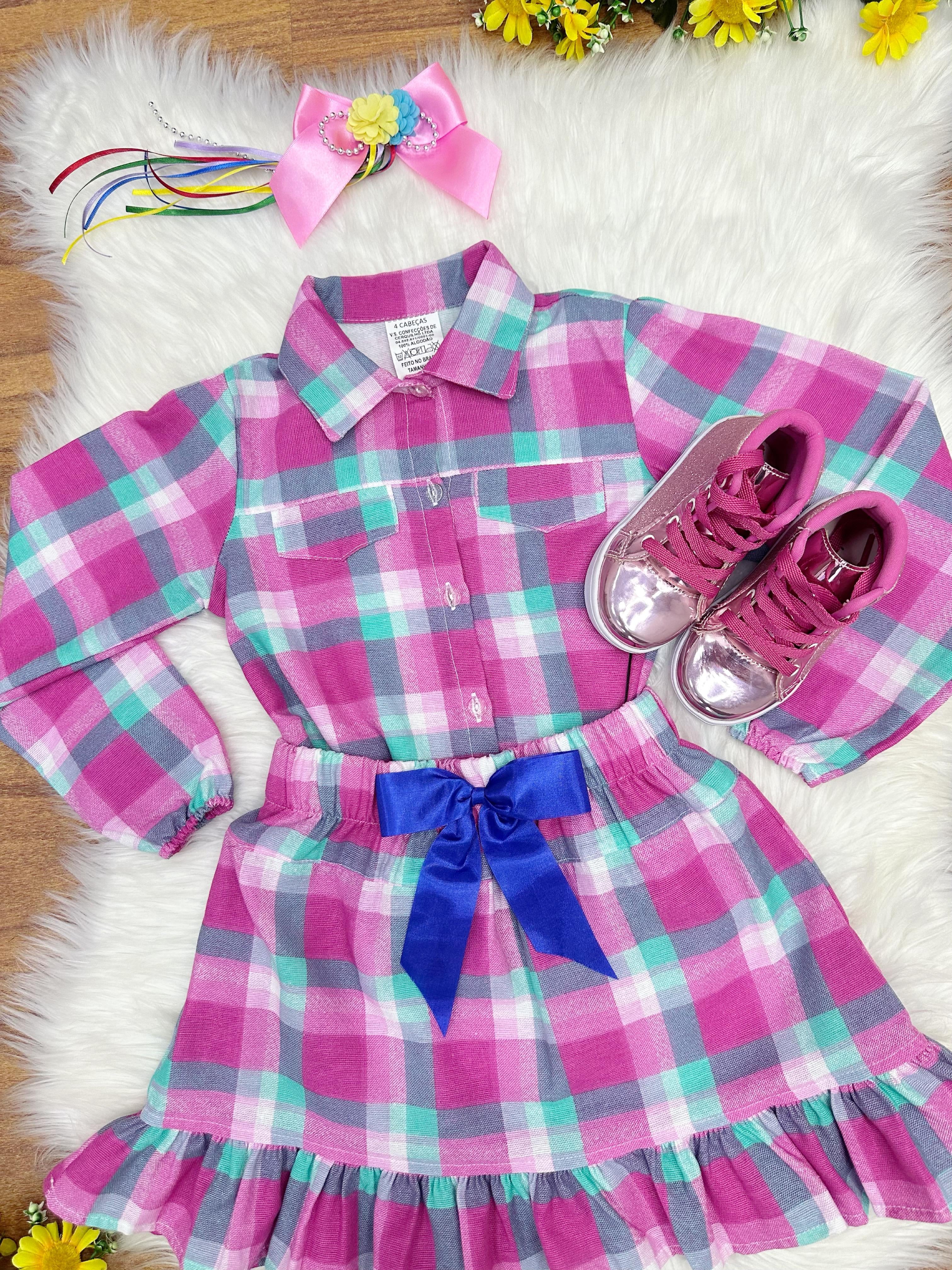 Conjunto Meninas Junino Camisa Rosa Com Mini Saia Xadrez