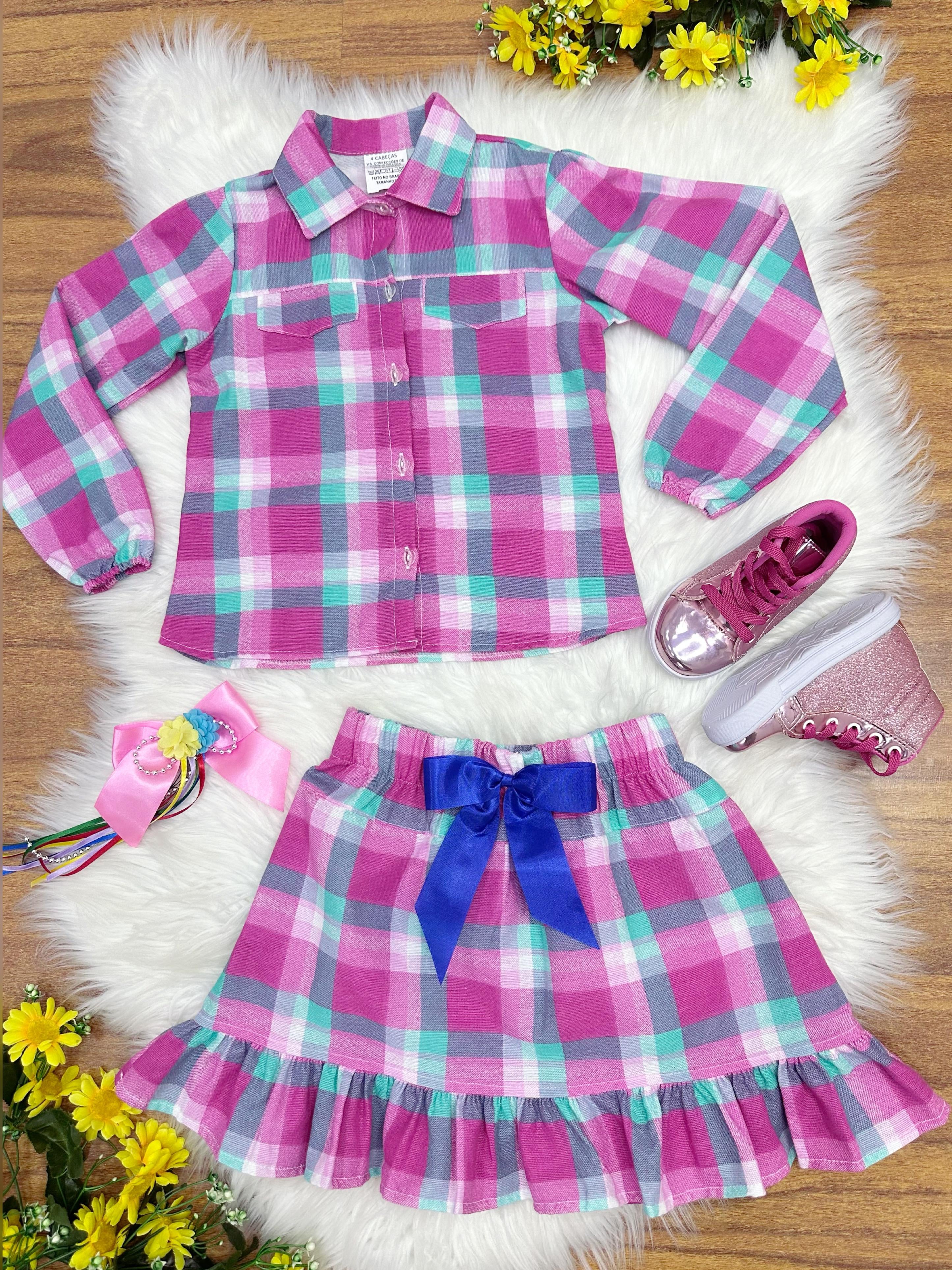Conjunto Meninas Junino Camisa Rosa Com Mini Saia Xadrez