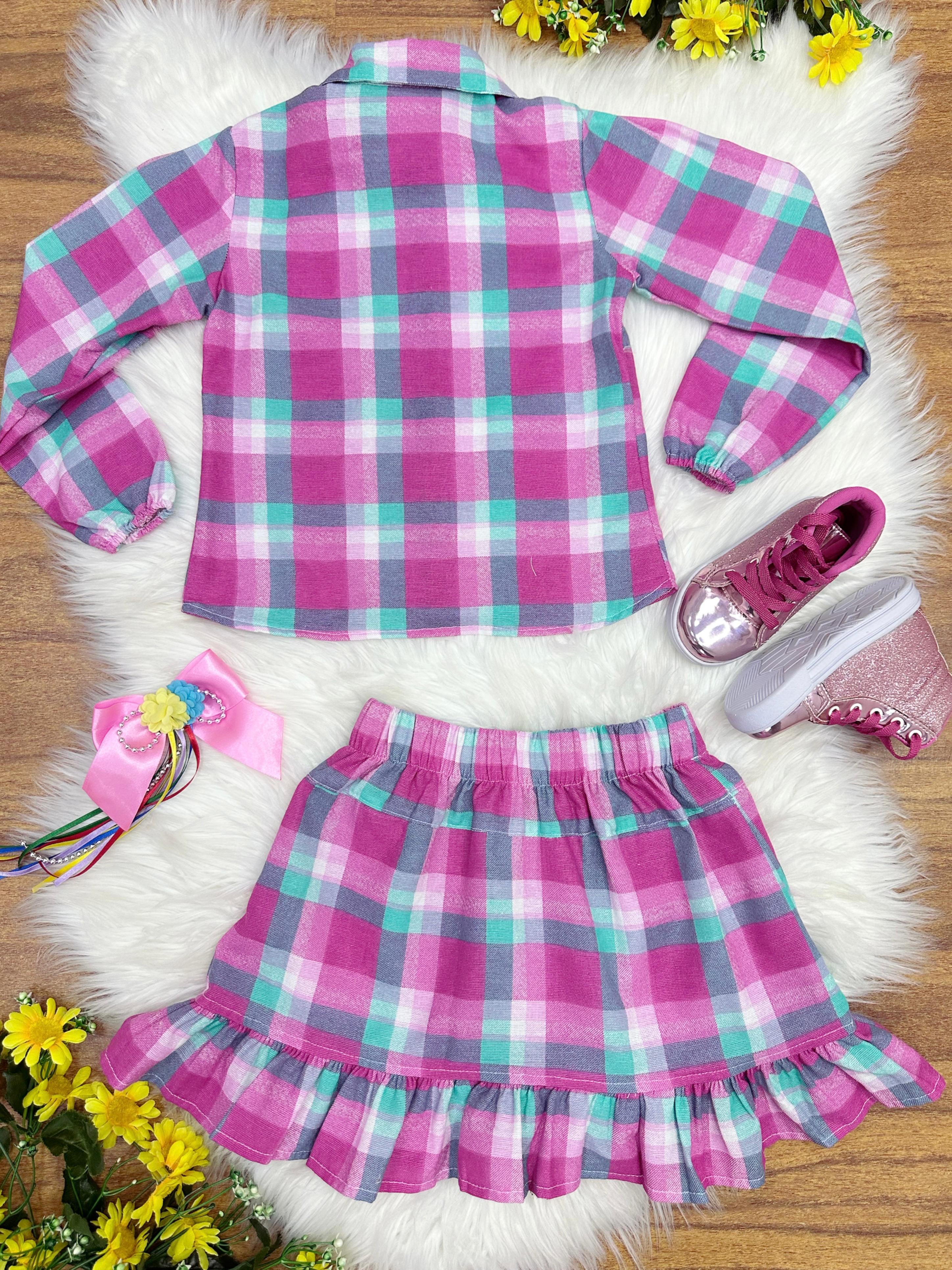 Conjunto Meninas Junino Camisa Rosa Com Mini Saia Xadrez