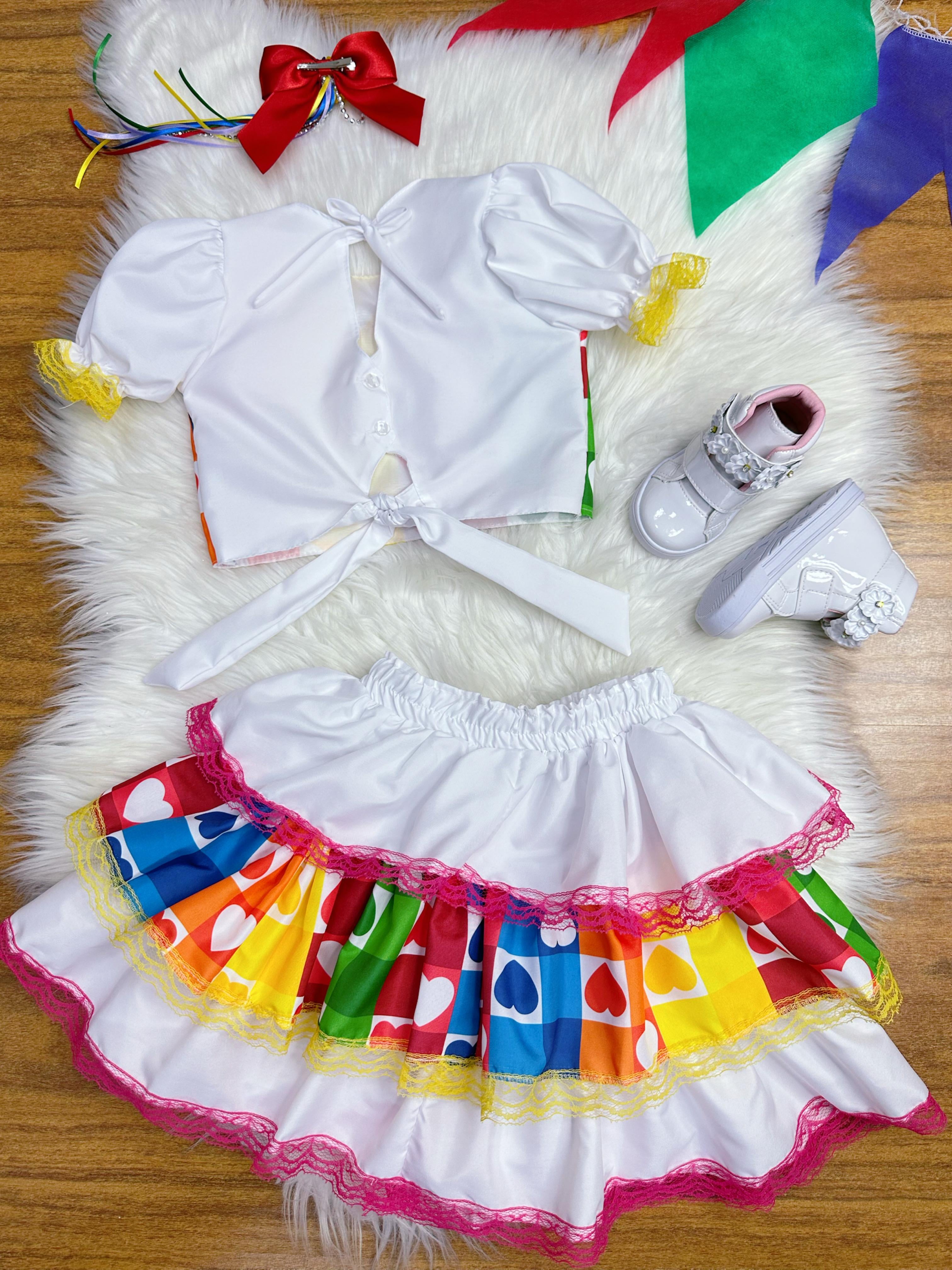 Conjunto Meninas Junino Cropped Colorido Branco C/ Mini Saia