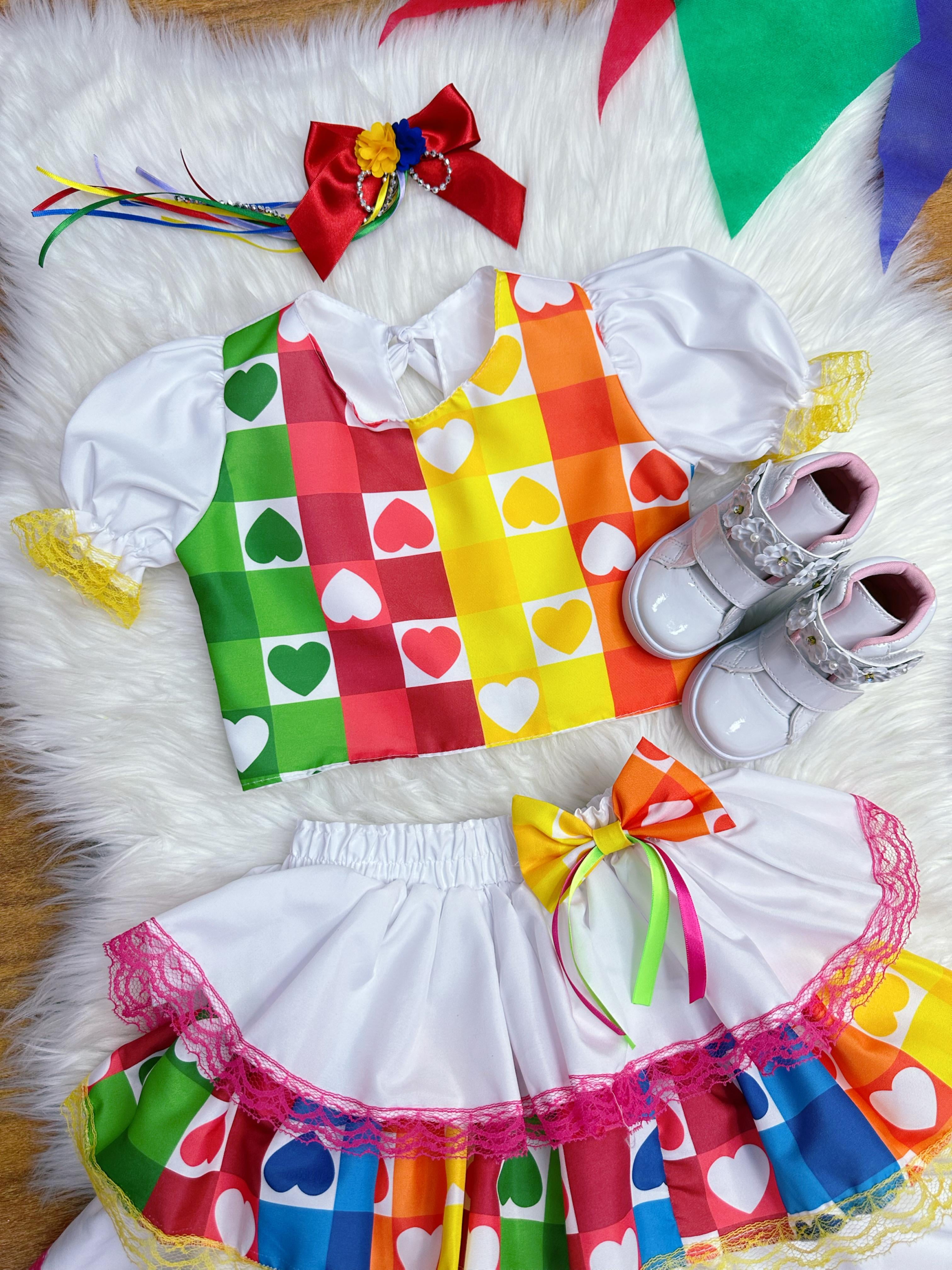 Conjunto Meninas Junino Cropped Colorido Branco C/ Mini Saia