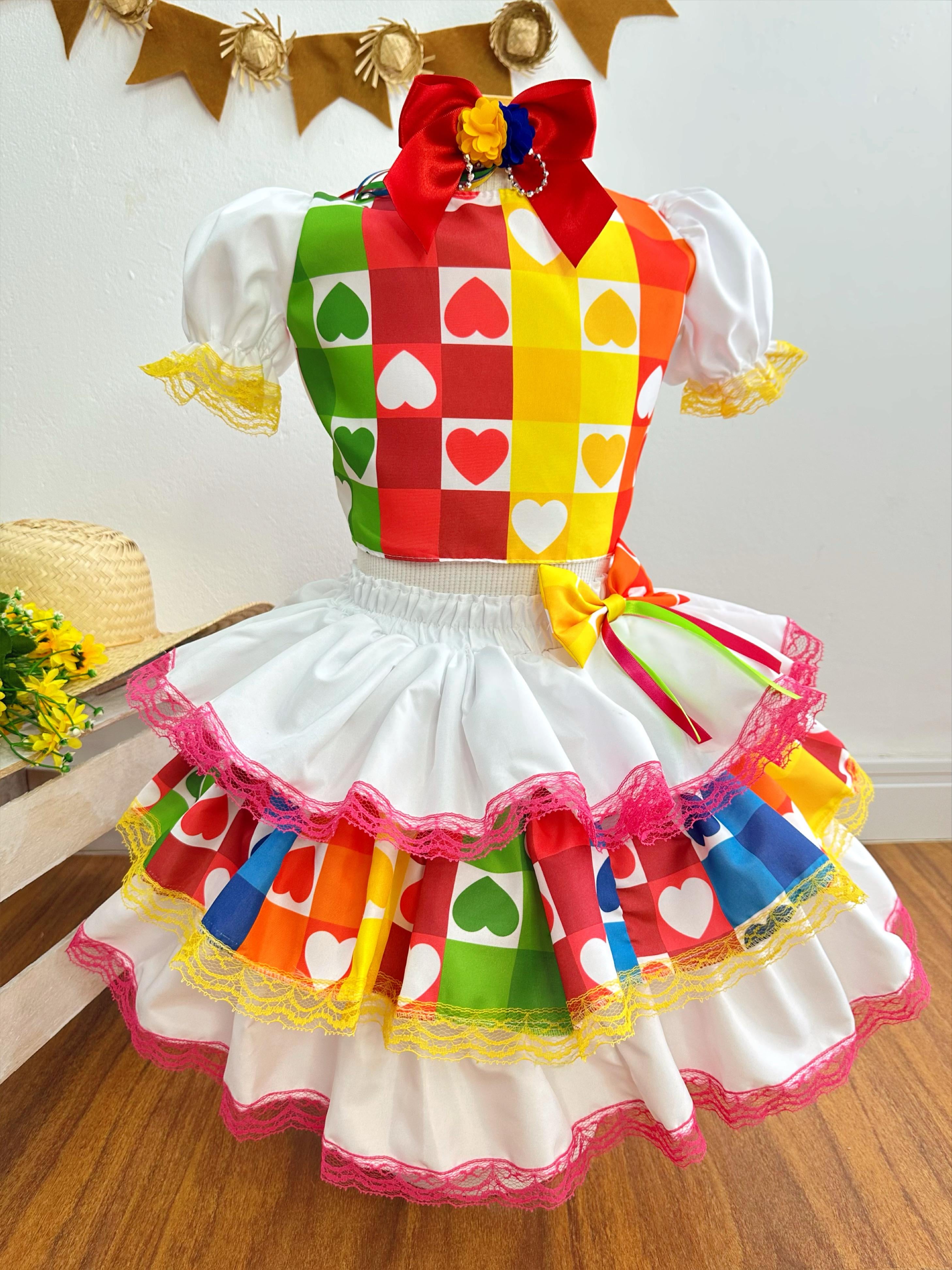 Conjunto Meninas Junino Cropped Colorido Branco C/ Mini Saia