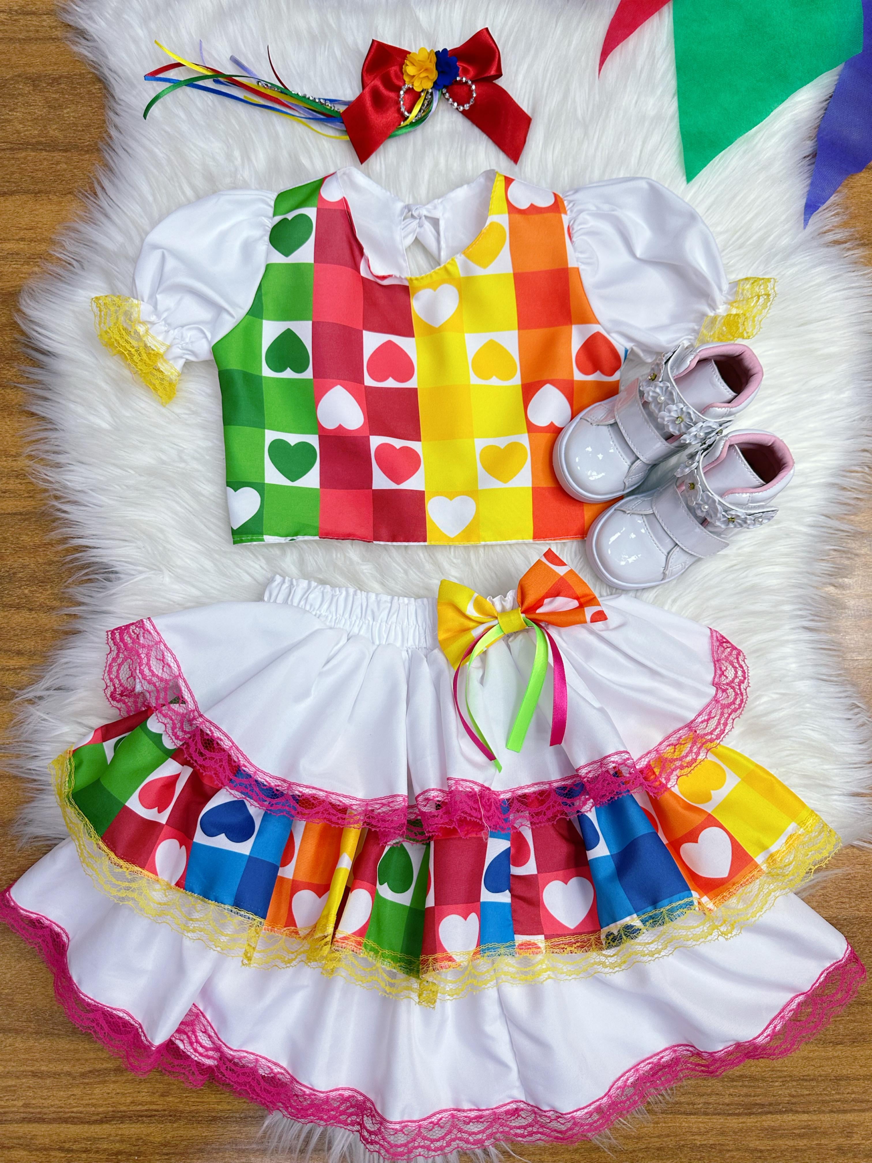 Conjunto Meninas Junino Cropped Colorido Branco C/ Mini Saia