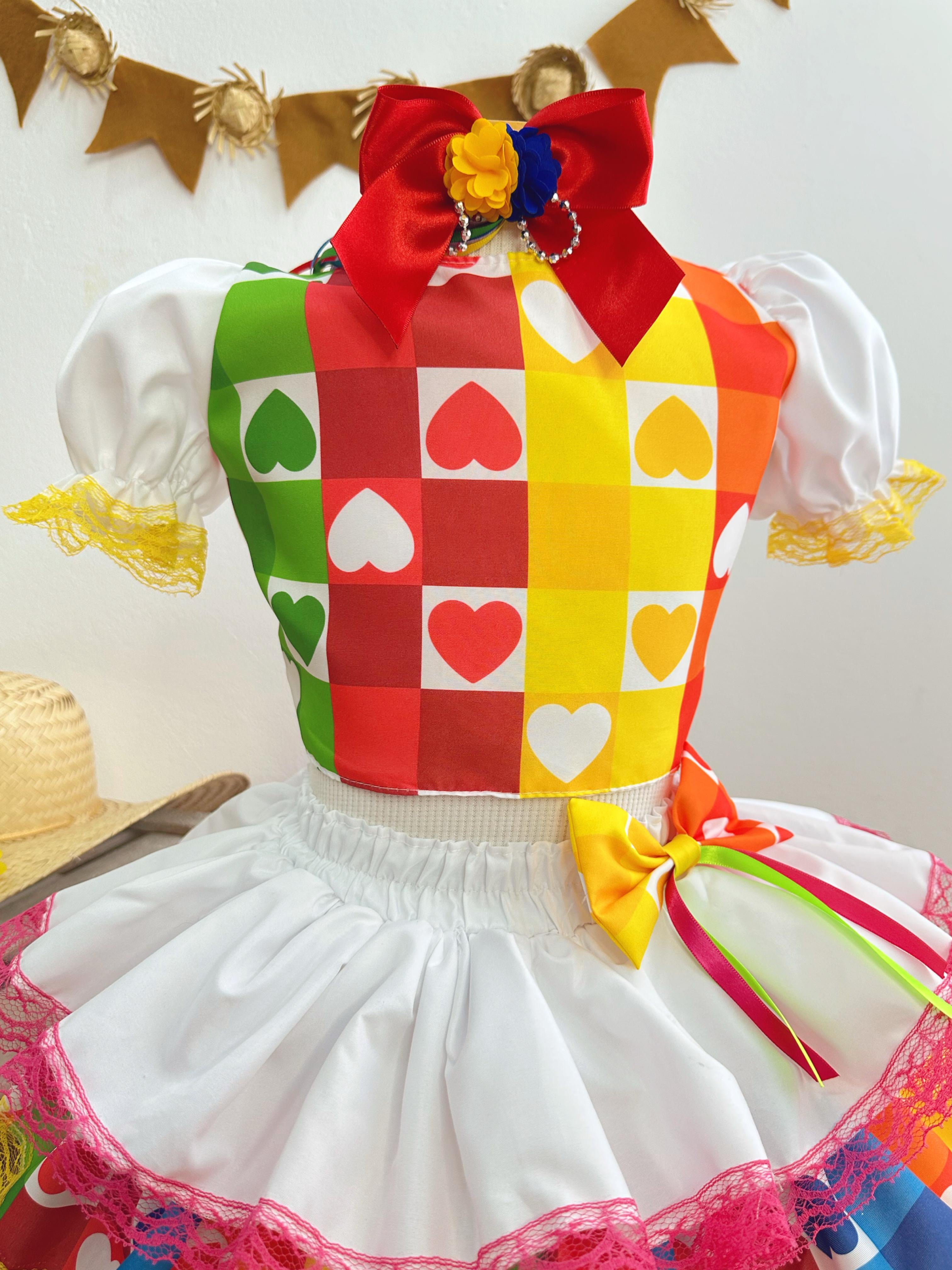 Conjunto Meninas Junino Cropped Colorido Branco C/ Mini Saia