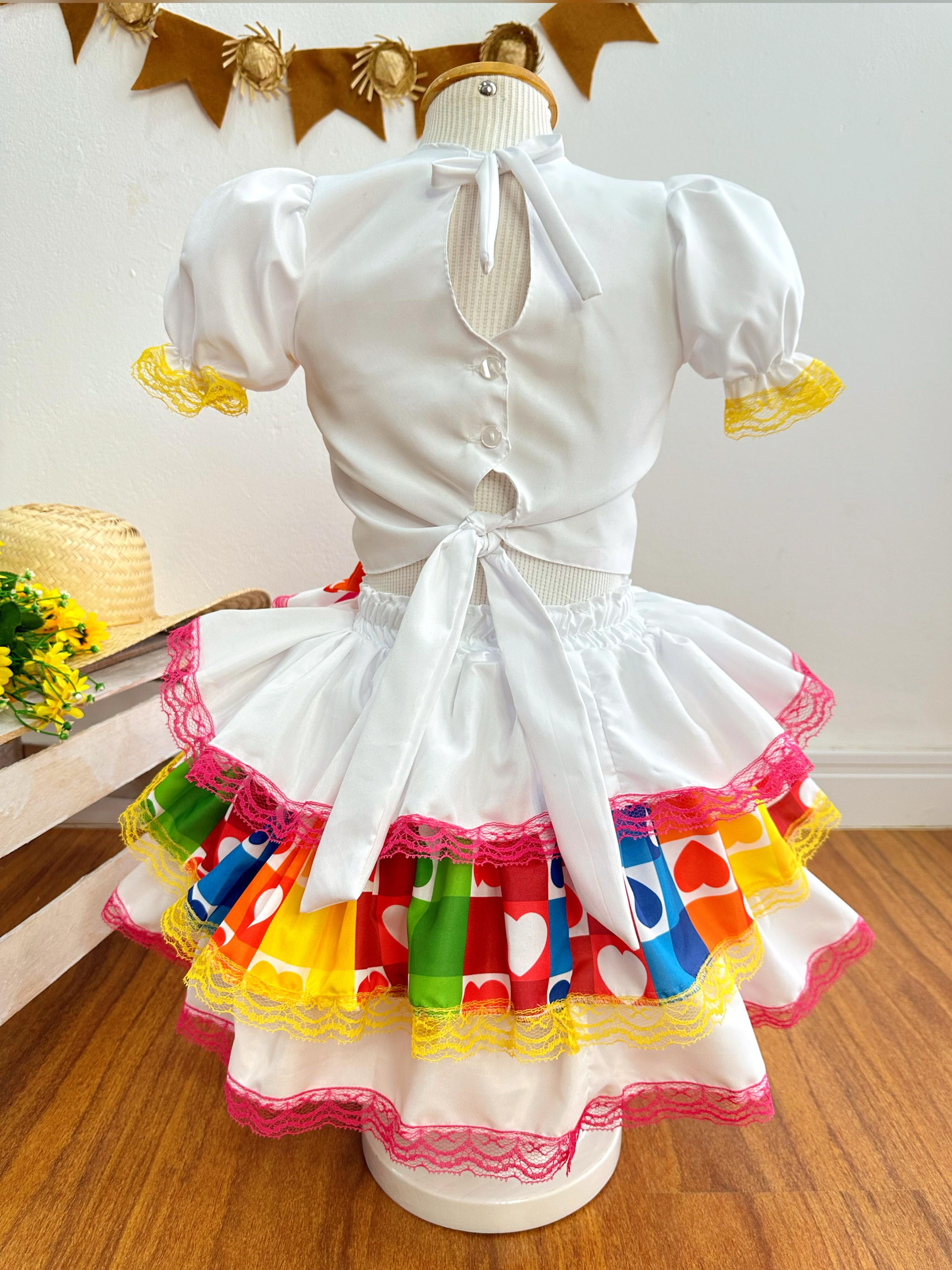 Conjunto Meninas Junino Cropped Colorido Branco C/ Mini Saia