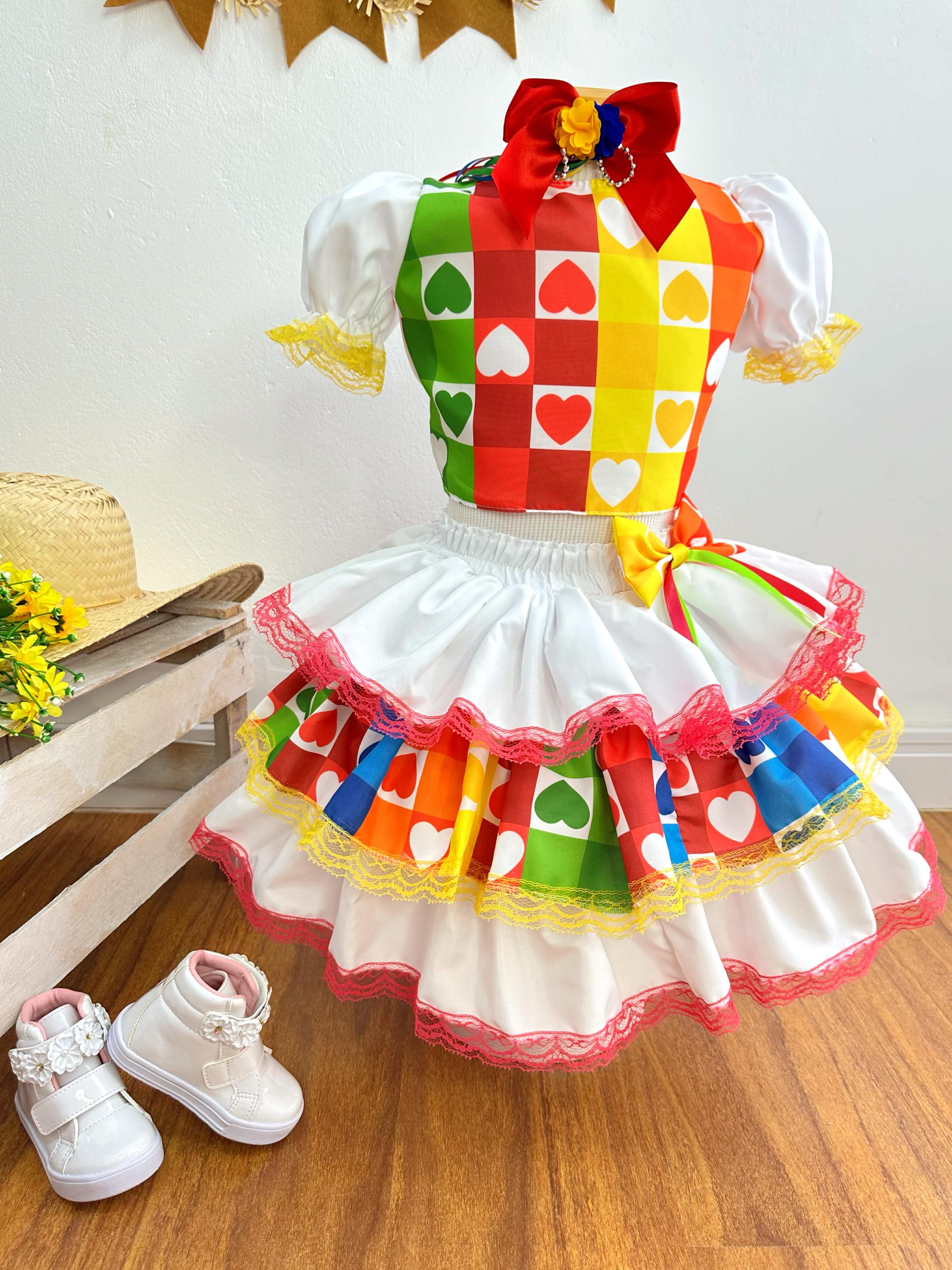 Conjunto Meninas Junino Cropped Colorido Branco C/ Mini Saia