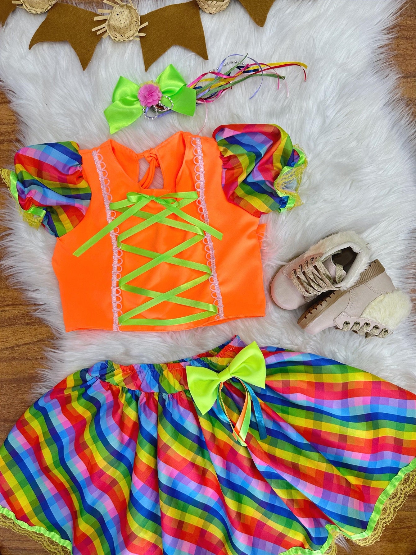 Conjunto Meninas Junino Cropped Laranja C/ Mini Saia Colorida