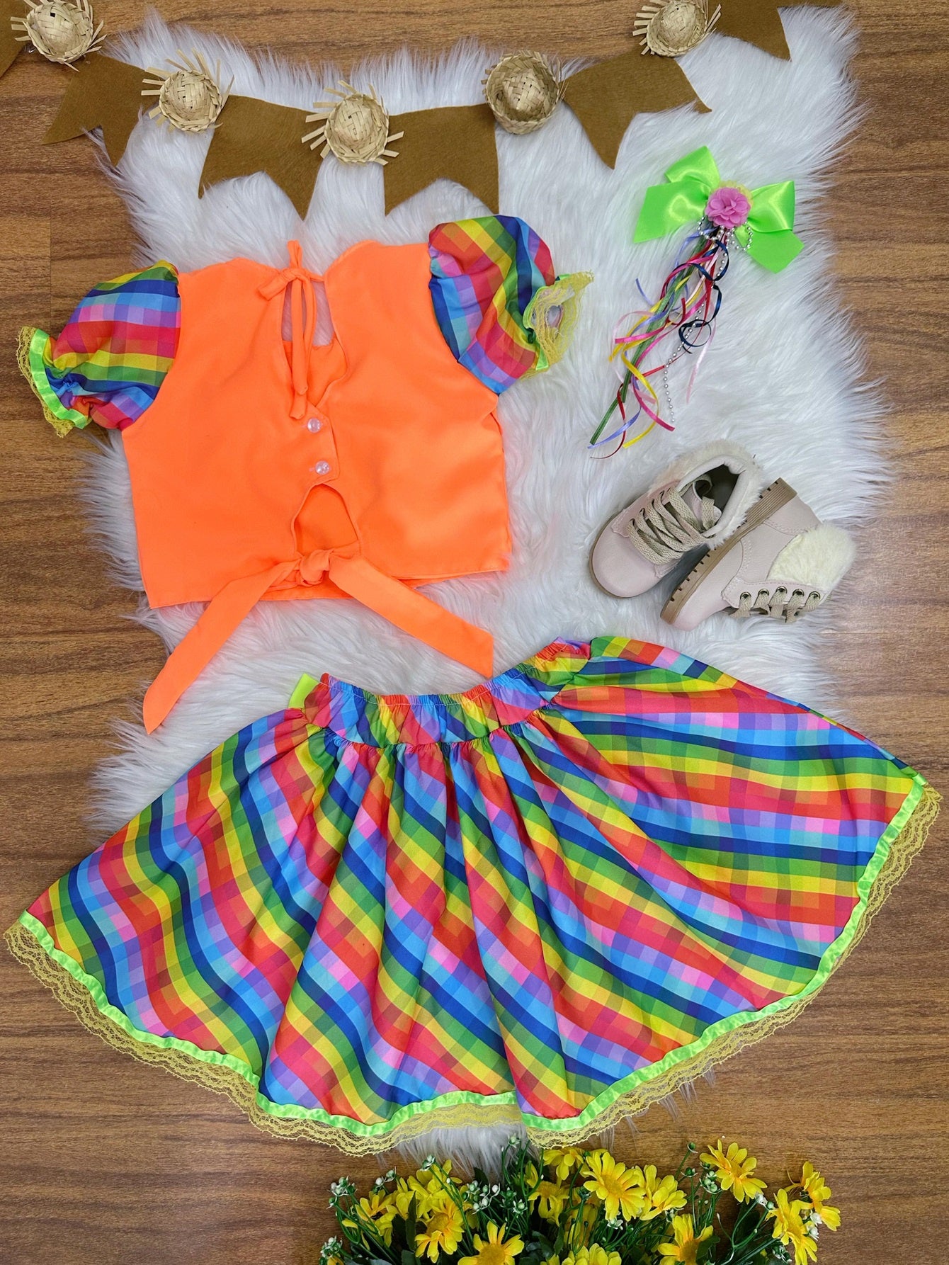 Conjunto Meninas Junino Cropped Laranja C/ Mini Saia Colorida