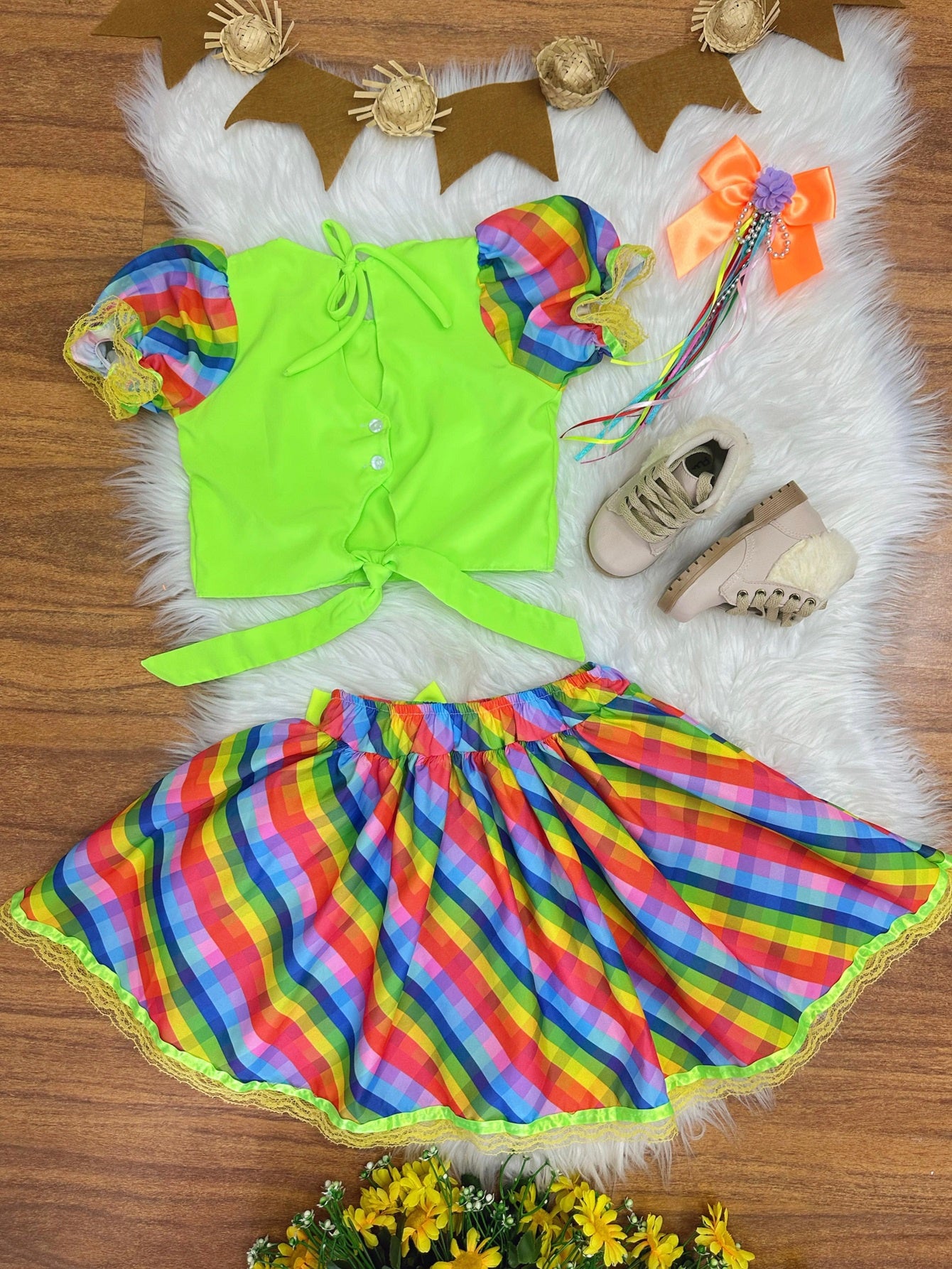 Conjunto Meninas Junino Cropped Verde C/ Mini Saia Colorida