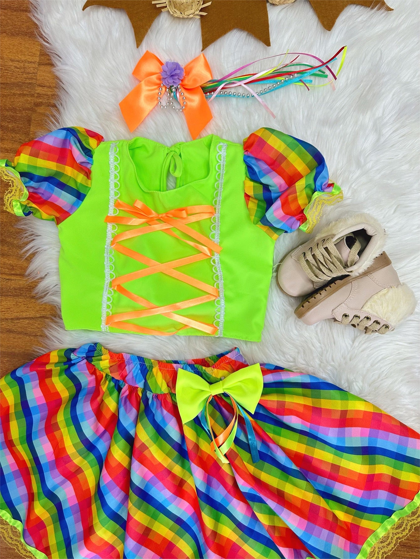 Conjunto Meninas Junino Cropped Verde C/ Mini Saia Colorida