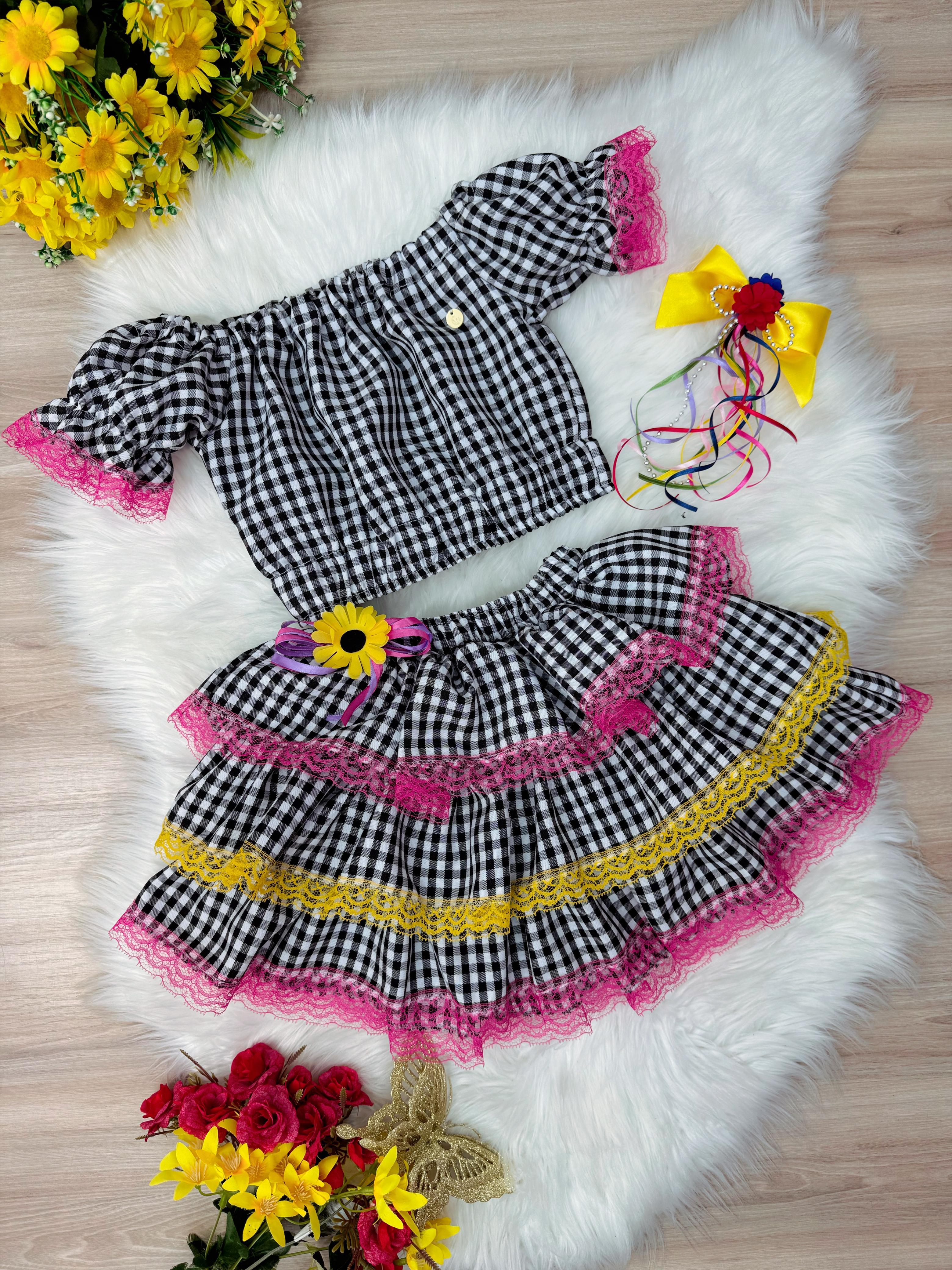 Conjunto Meninas Junino Preto Xadrez Cropped C/ Mini Saia