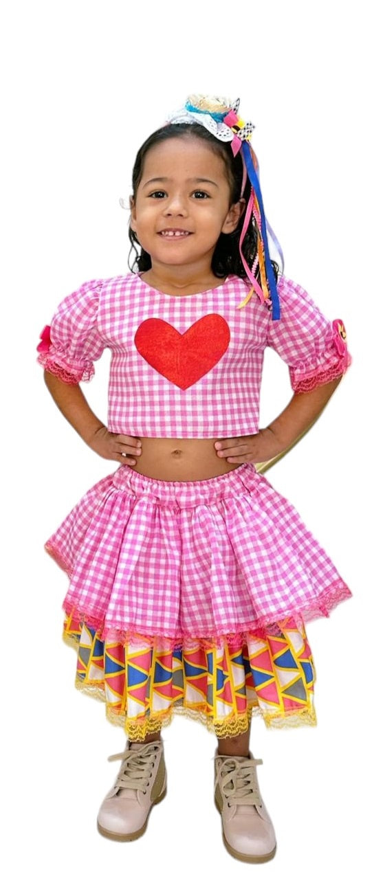 Conjunto Meninas Junino Xadrez Rosa Cropped C/ Mini Saia