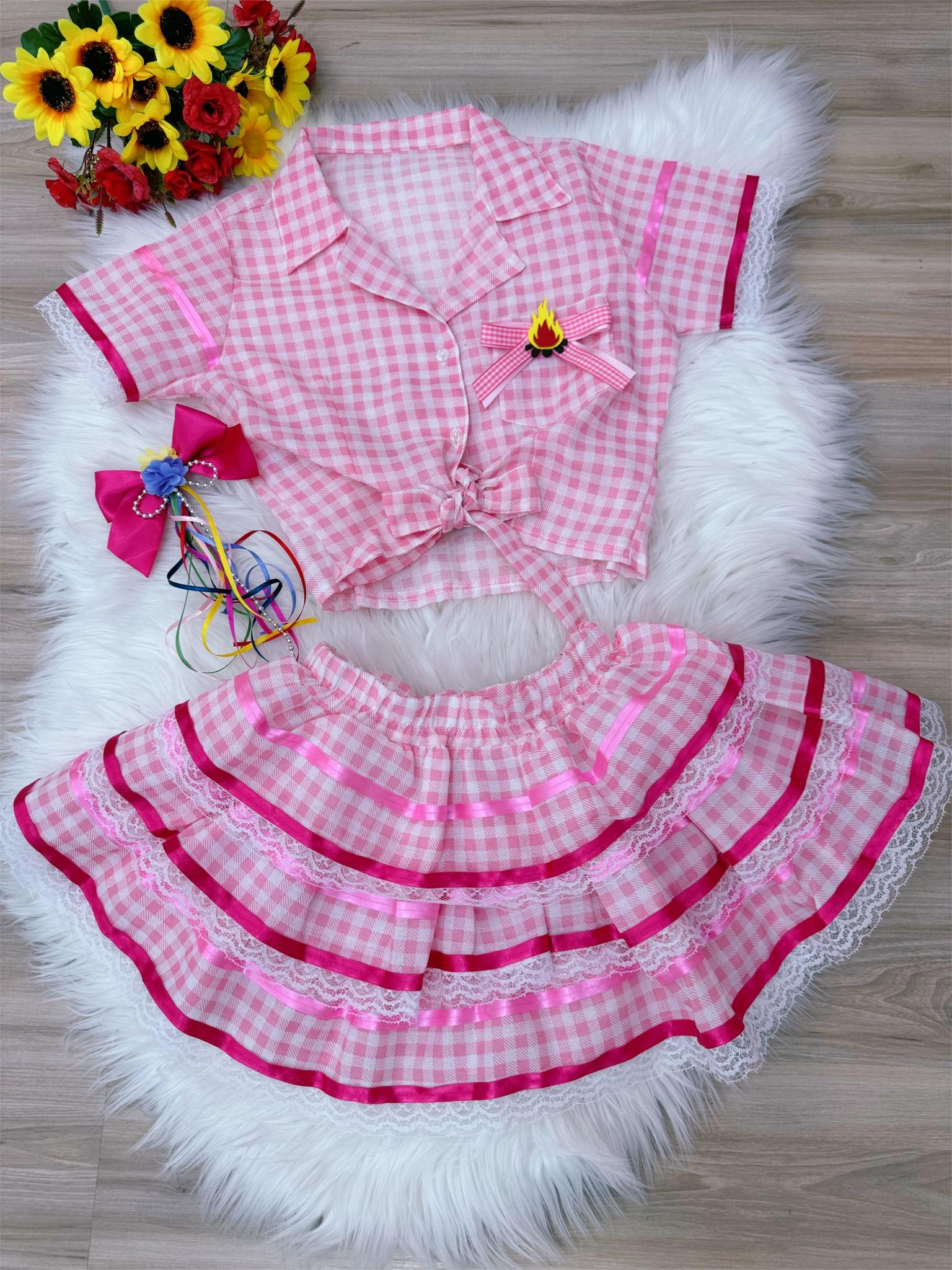 Conjunto Meninas Junino Rosa Cropped Xadrez C/ Mini Saia