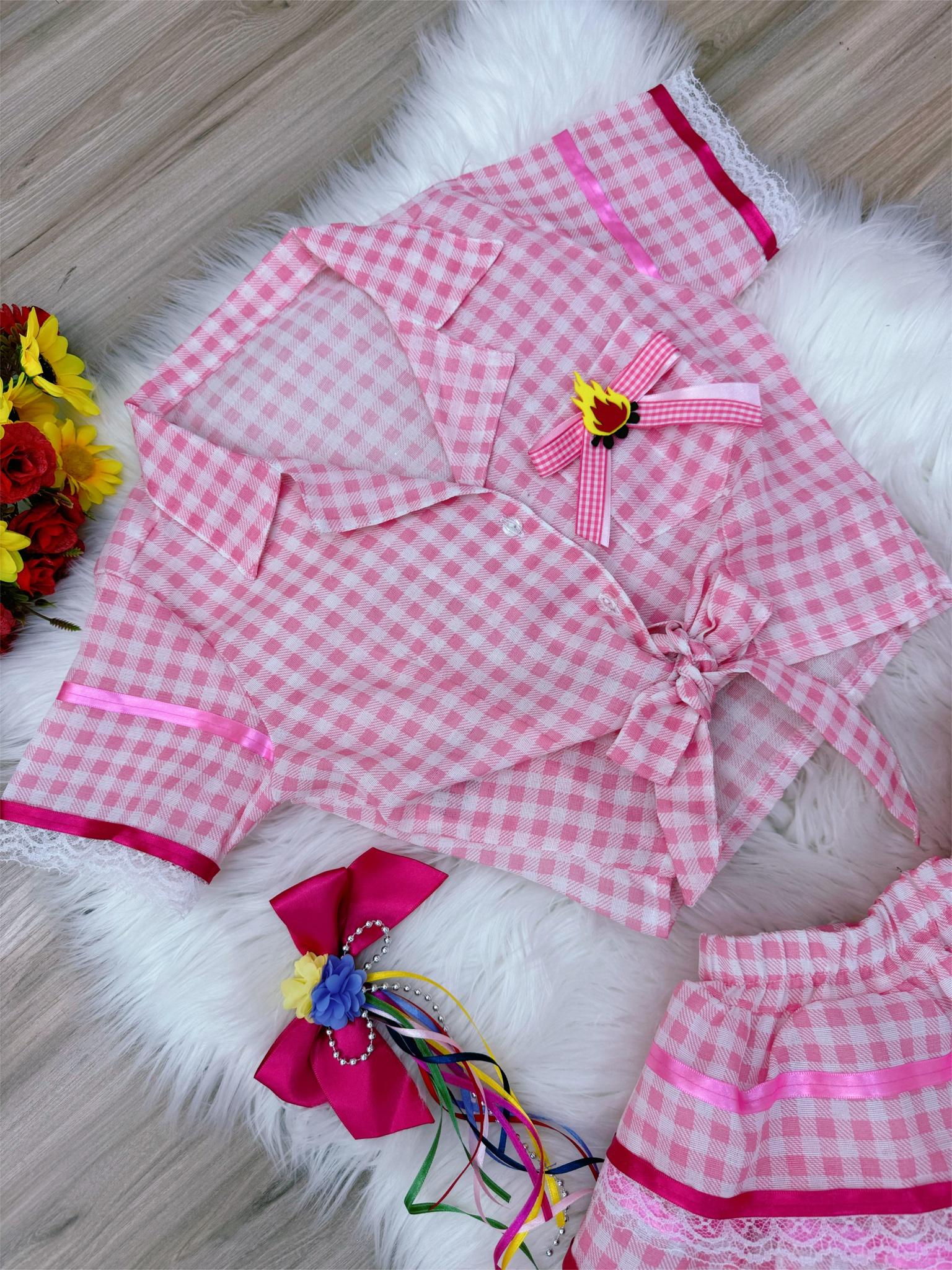 Conjunto Meninas Junino Rosa Cropped Xadrez C/ Mini Saia