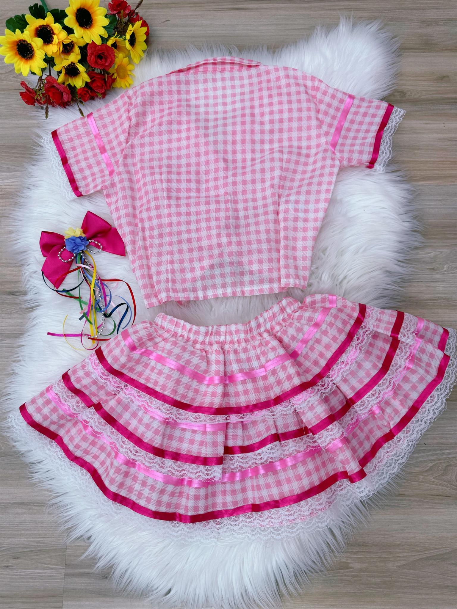 Conjunto Meninas Junino Rosa Cropped Xadrez C/ Mini Saia