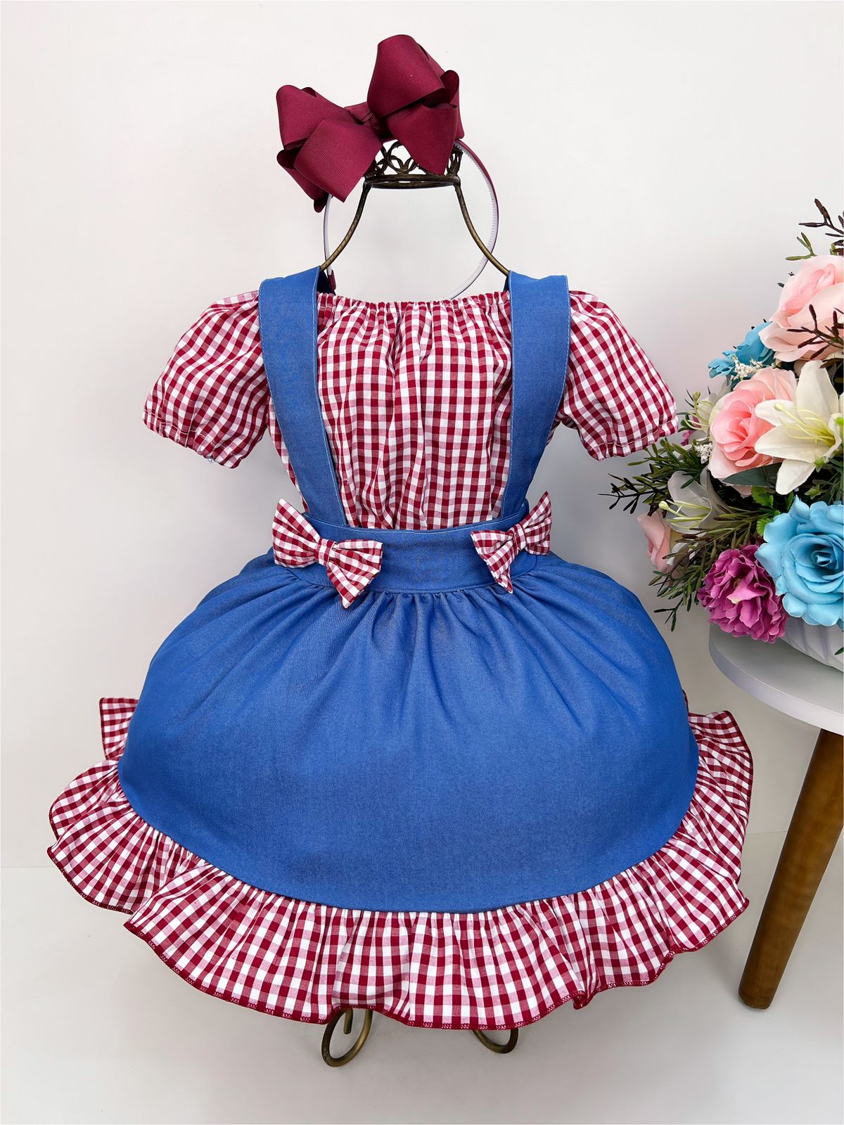 Conjunto Salopete Azul Com Blusa Xadrez Marsala Luxo