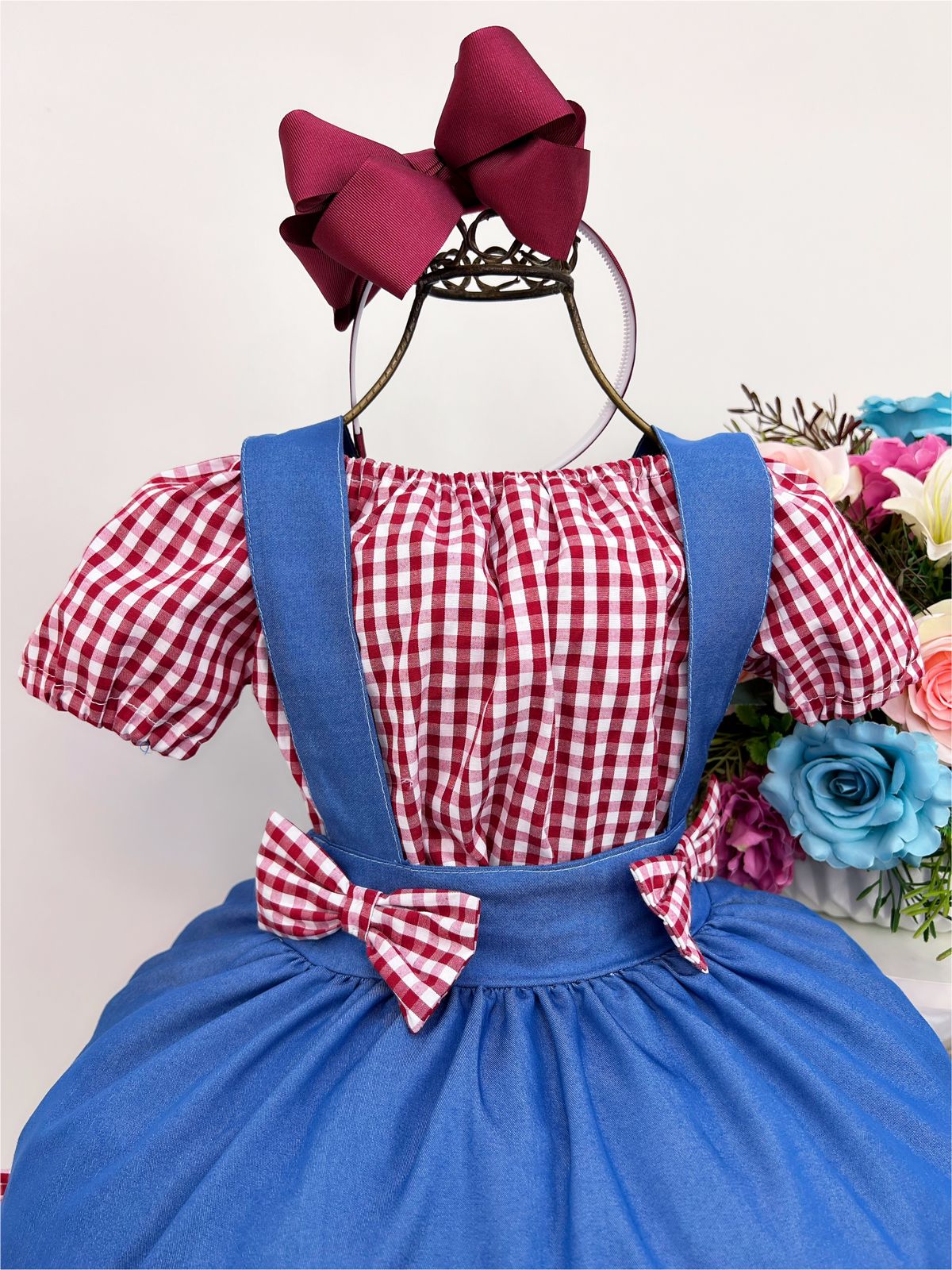 Conjunto Salopete Azul Com Blusa Xadrez Marsala Luxo