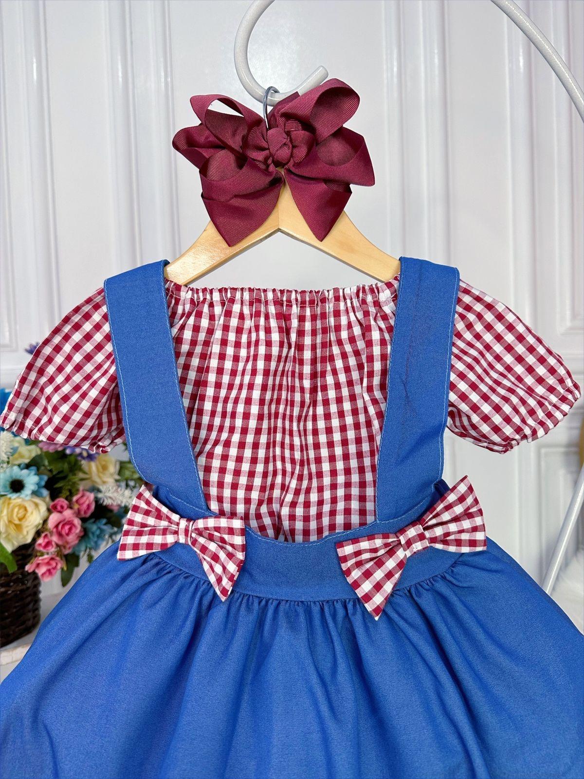 Conjunto Salopete Azul Com Blusa Xadrez Marsala Luxo