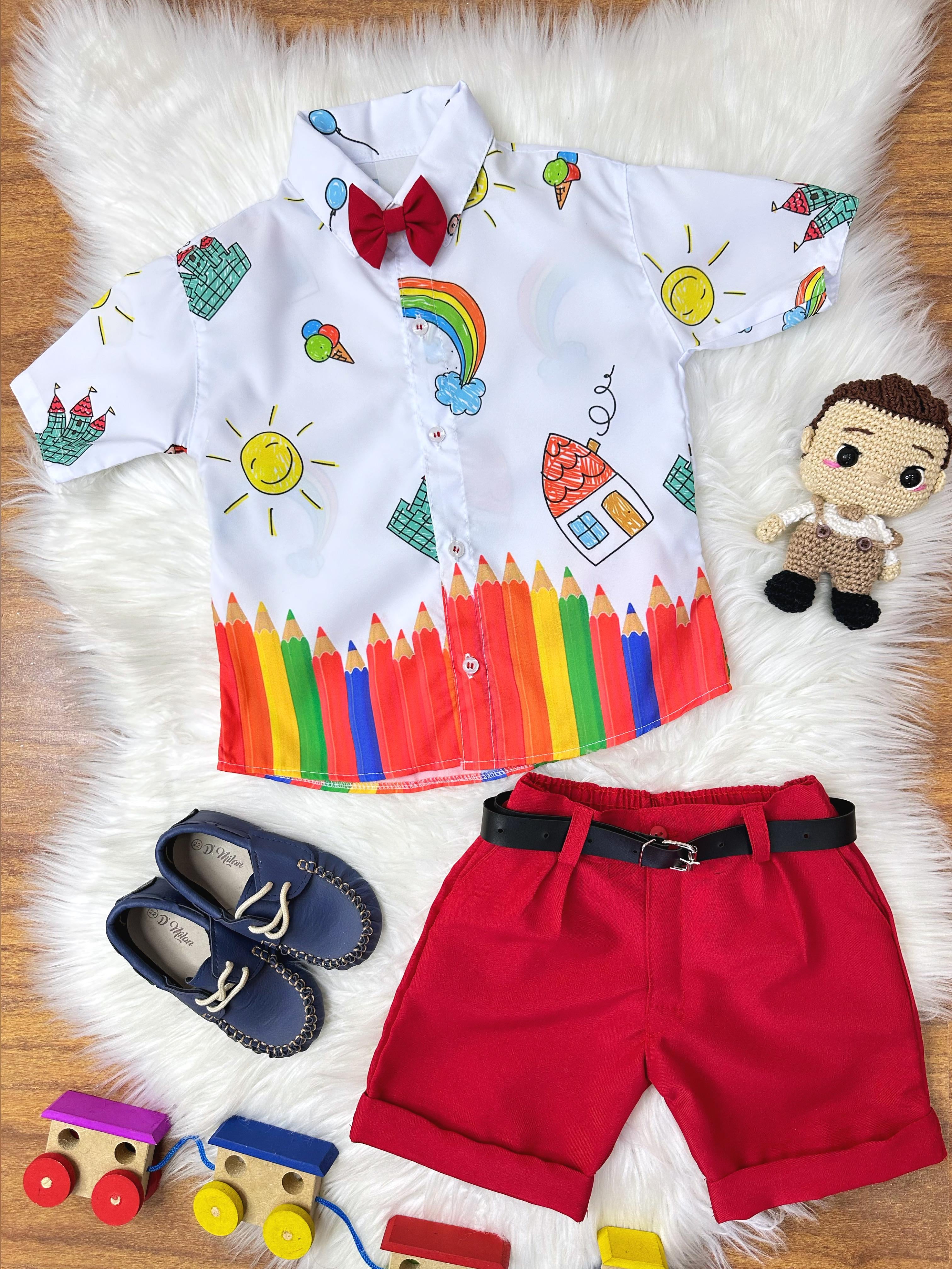 Conjunto Aquarela Com Short Gravatinha e Camisa