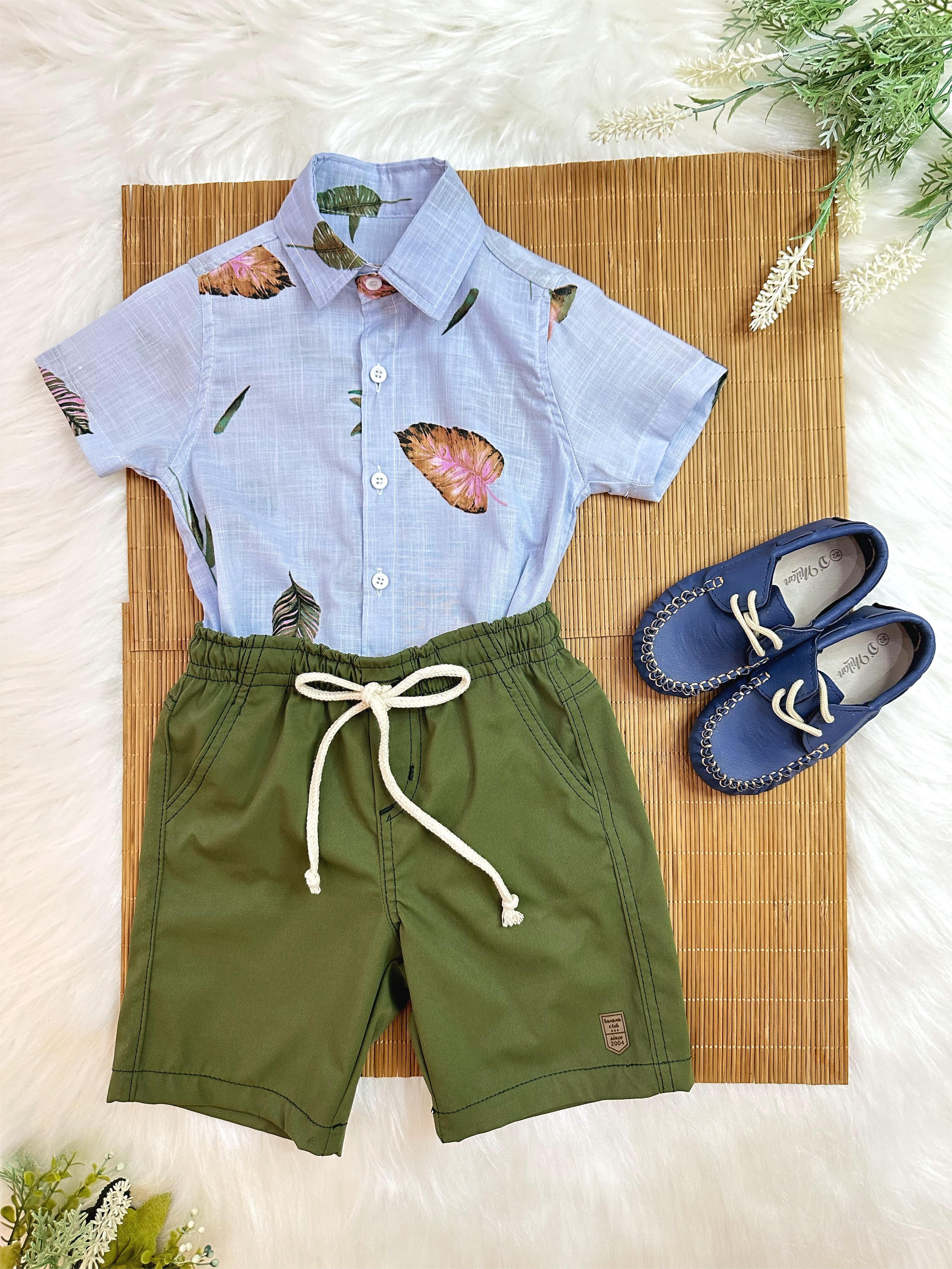 Conjunto Camisa Azul Com Bermuda Verde Musgo de Cordão