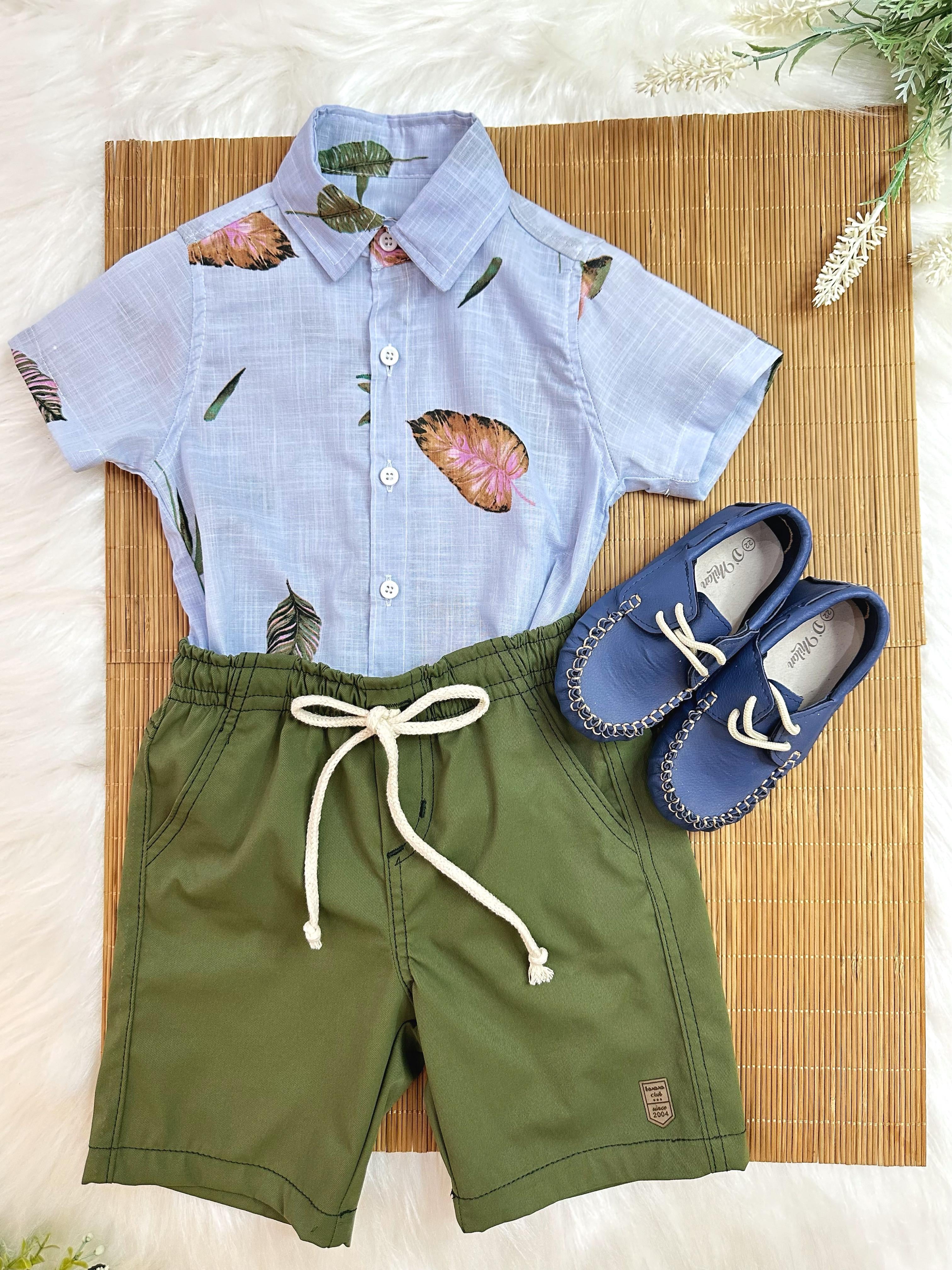 Conjunto Camisa Azul Com Bermuda Verde Musgo de Cordão