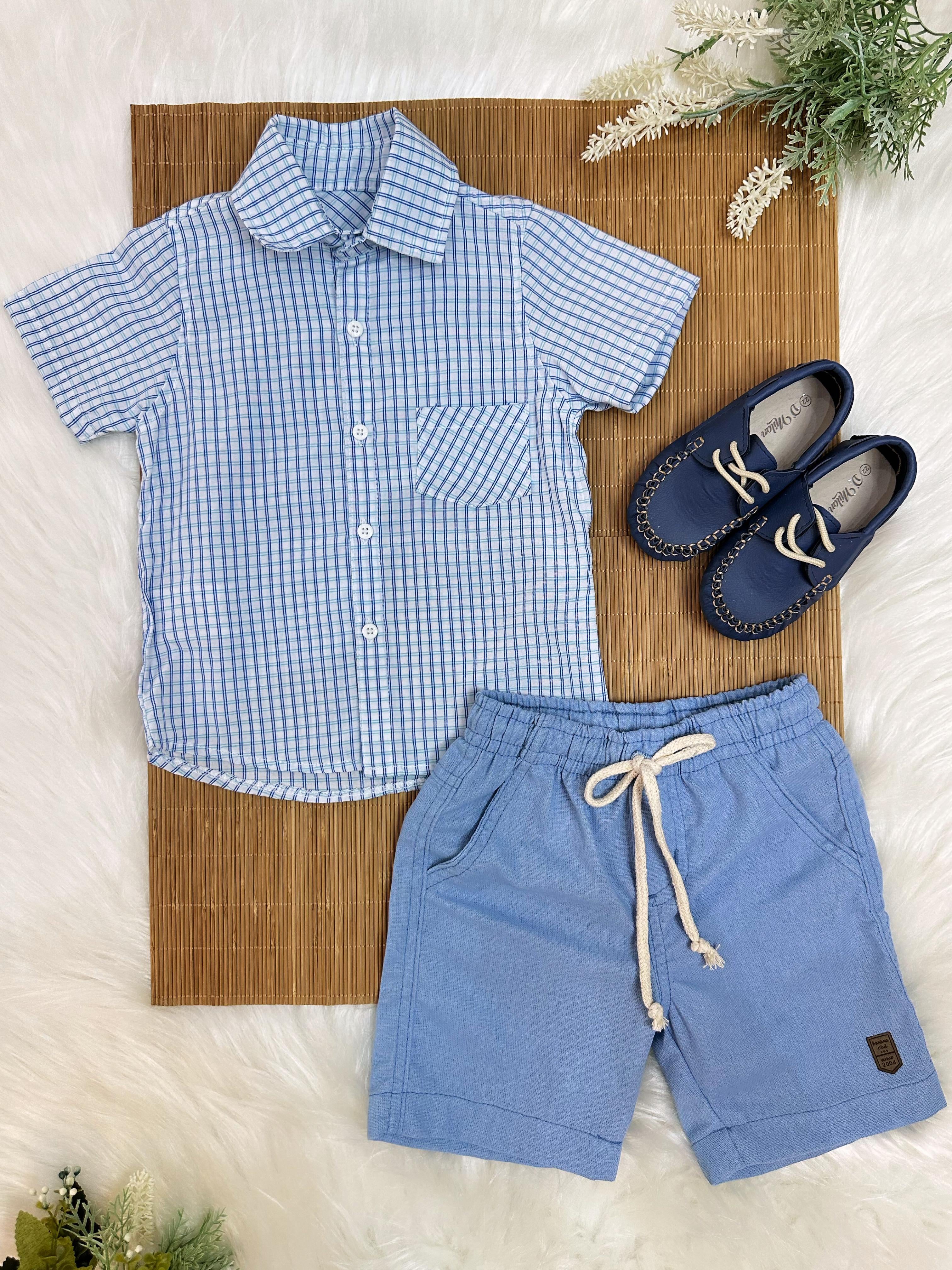 Conjunto Camisa Azul Xadrez Com Bermuda de Cordão