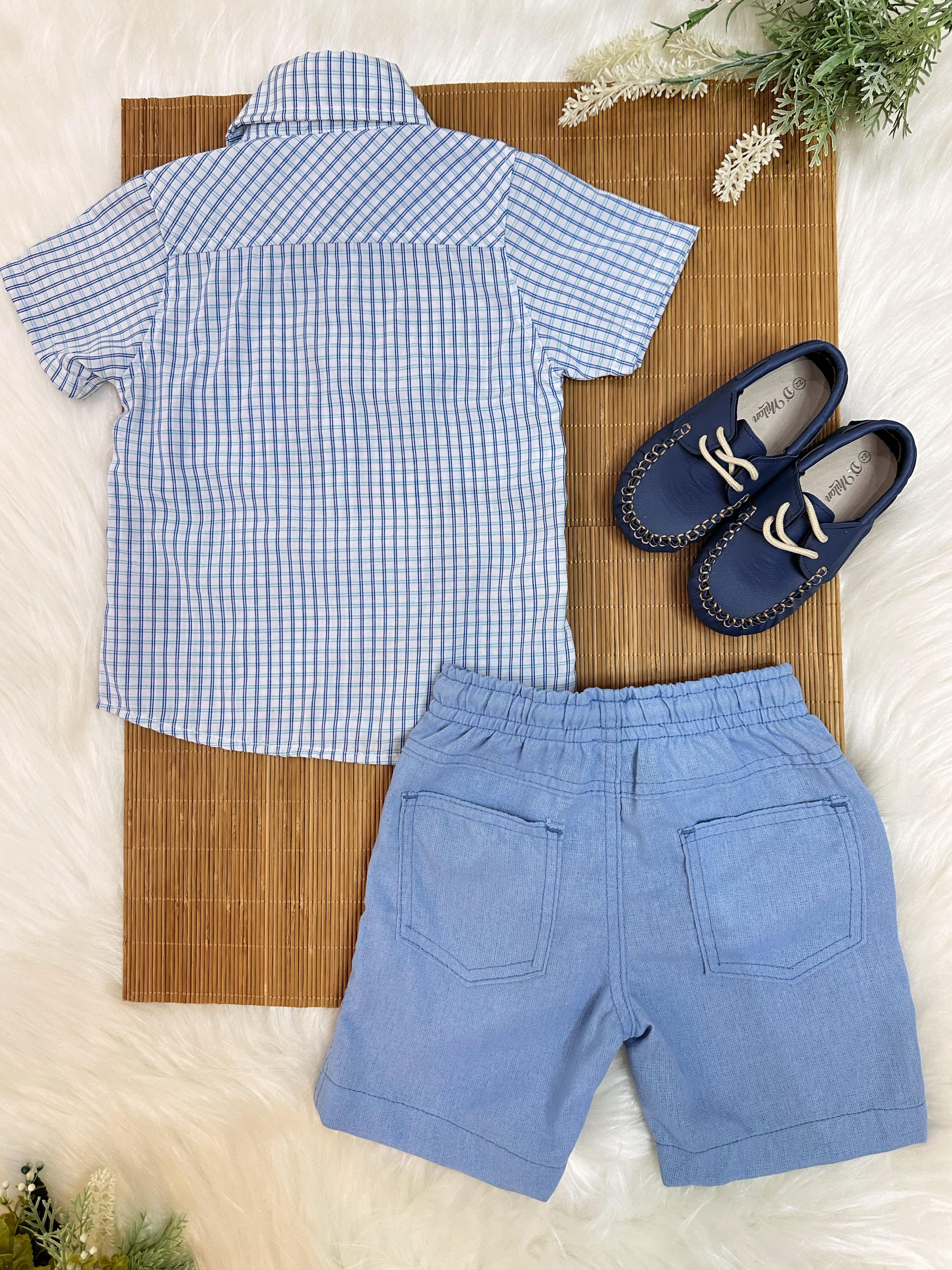 Conjunto Camisa Azul Xadrez Com Bermuda de Cordão