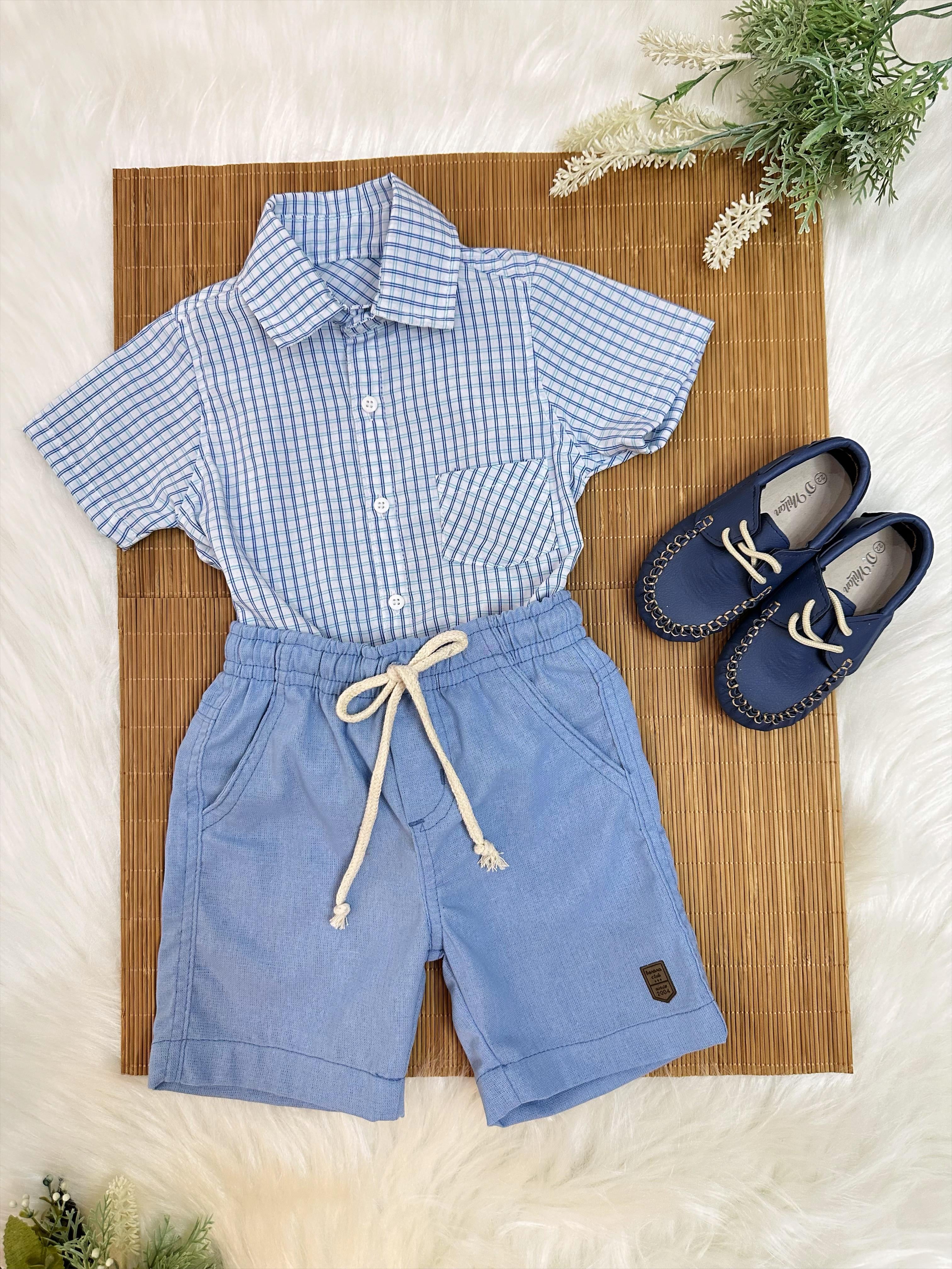 Conjunto Camisa Azul Xadrez Com Bermuda de Cordão