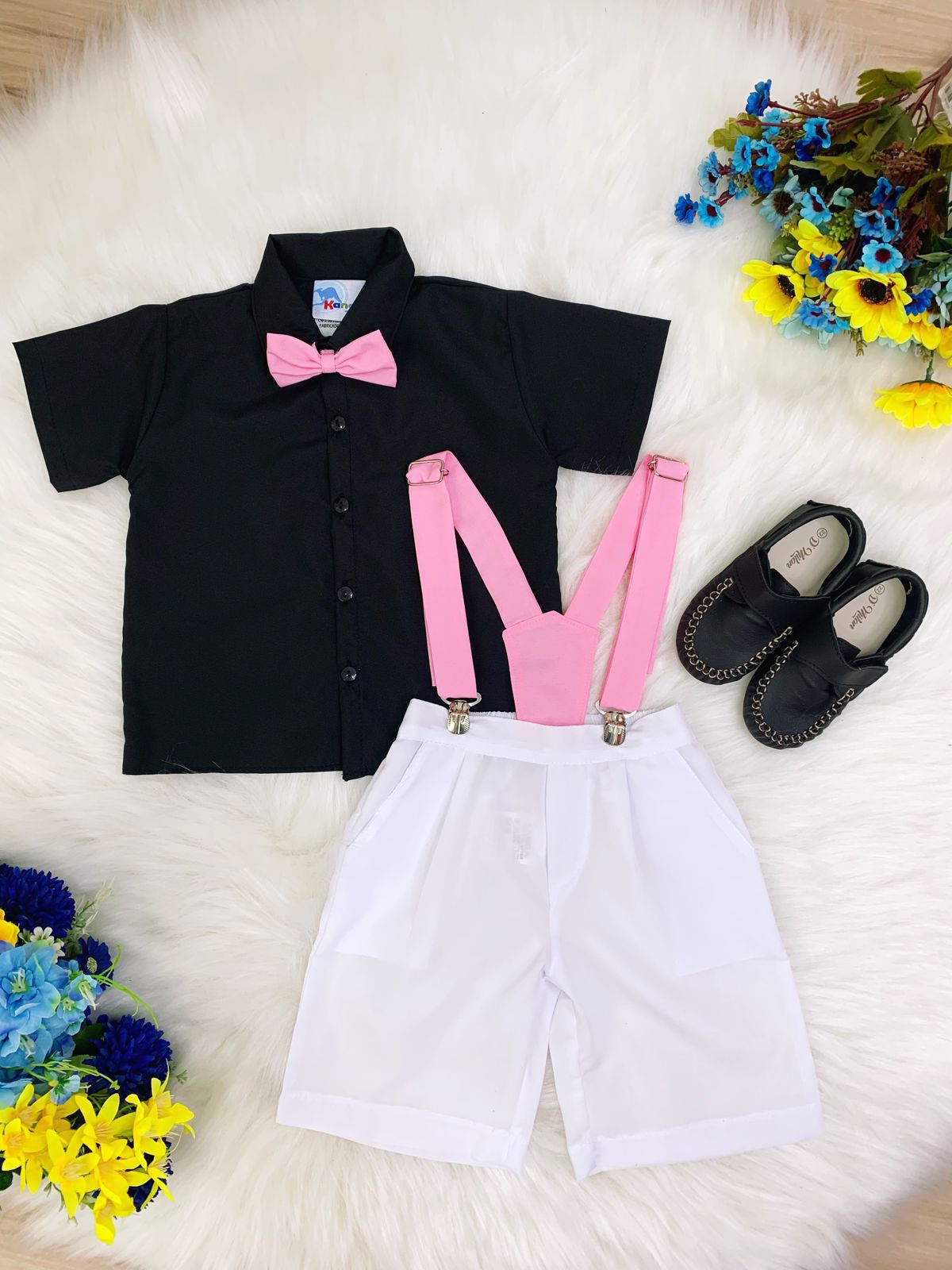 Conjunto Camisa Preta e Short Branco C/ Susp. Circo Chefinho