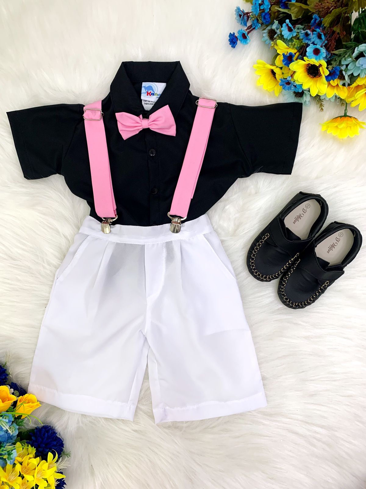 Conjunto Camisa Preta e Short Branco C/ Susp. Circo Chefinho