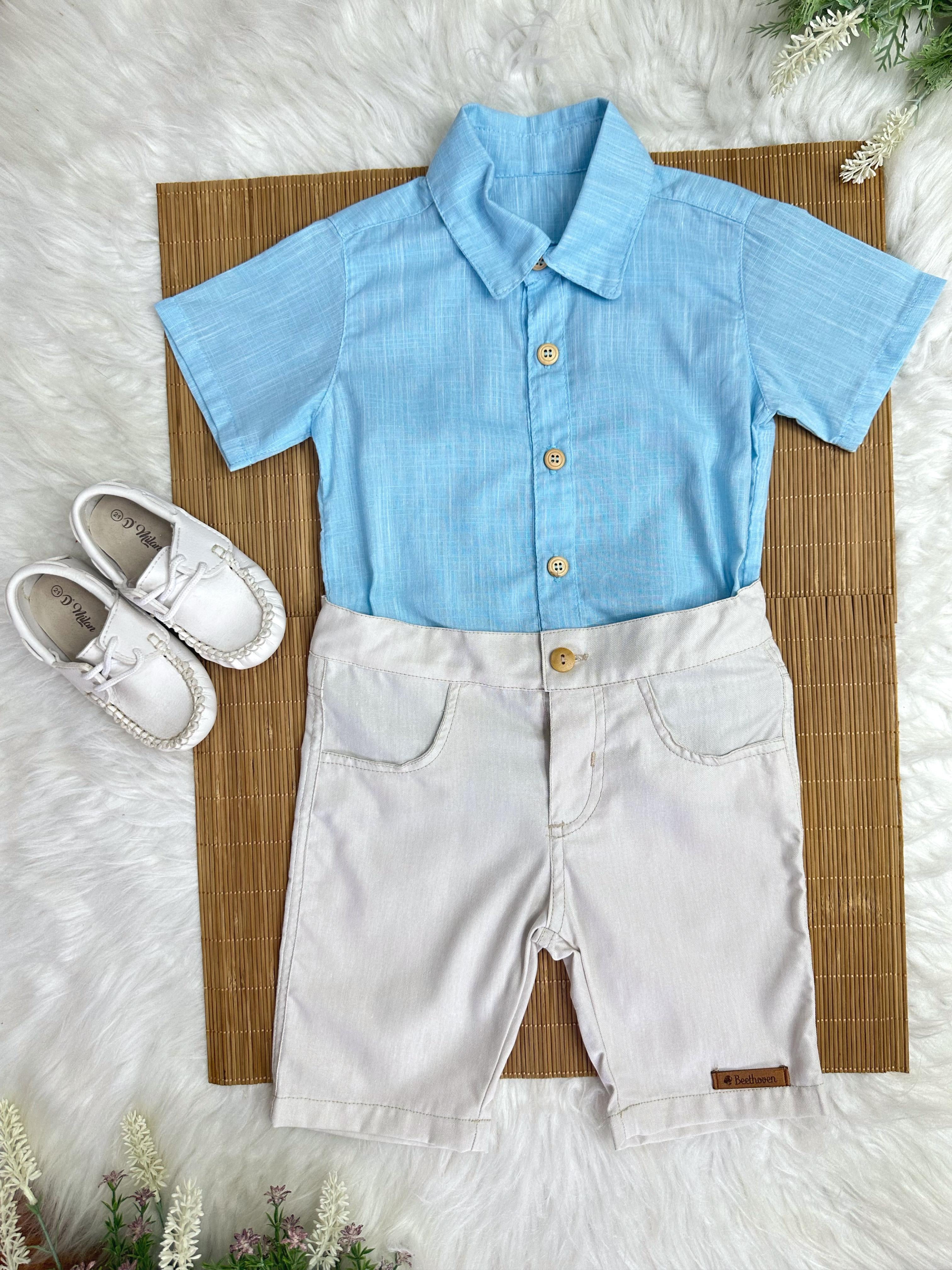 Conjunto Meninos Camisa Azul Mescla Bermuda Bege Casual