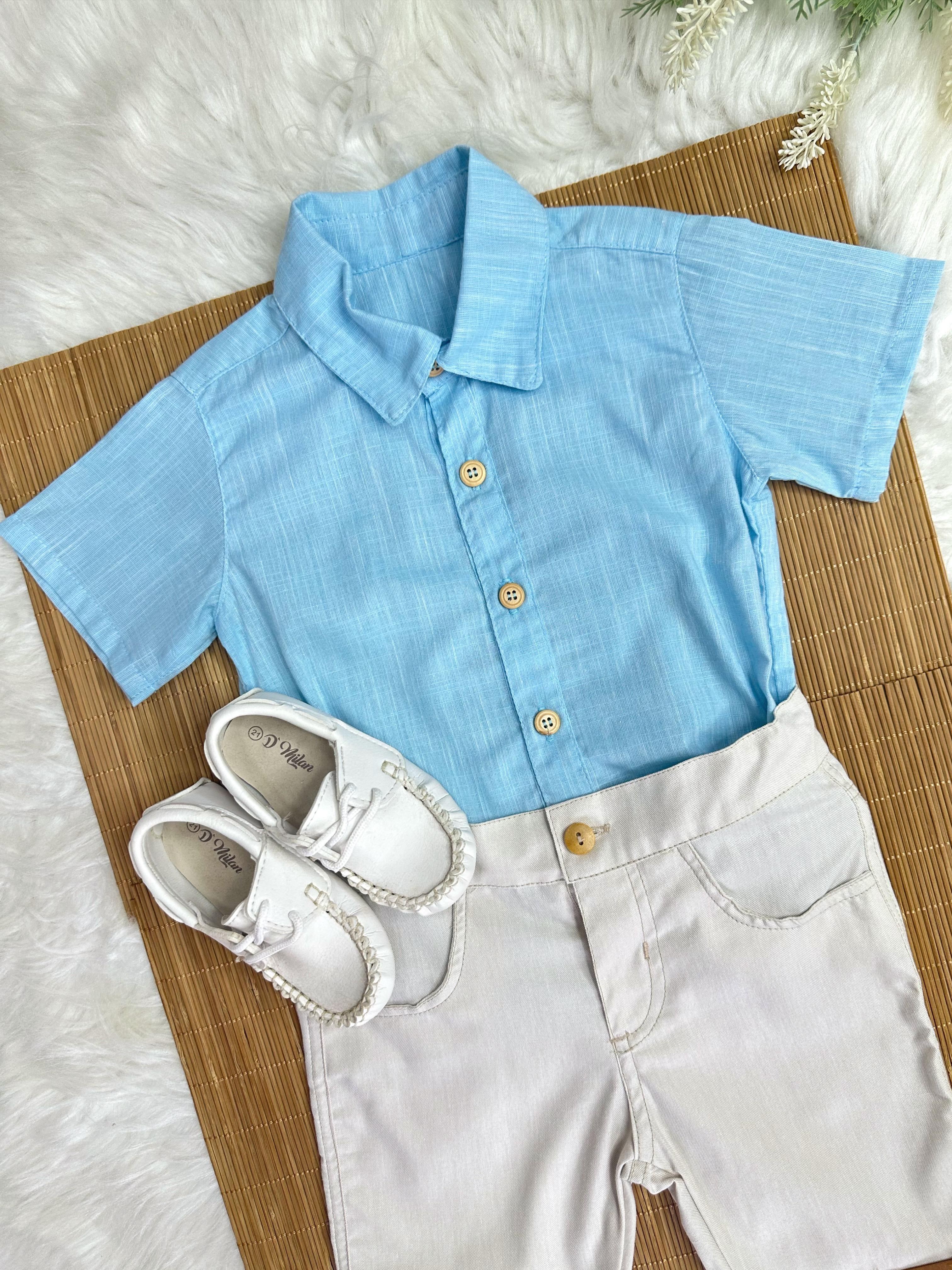 Conjunto Meninos Camisa Azul Mescla Bermuda Bege Casual