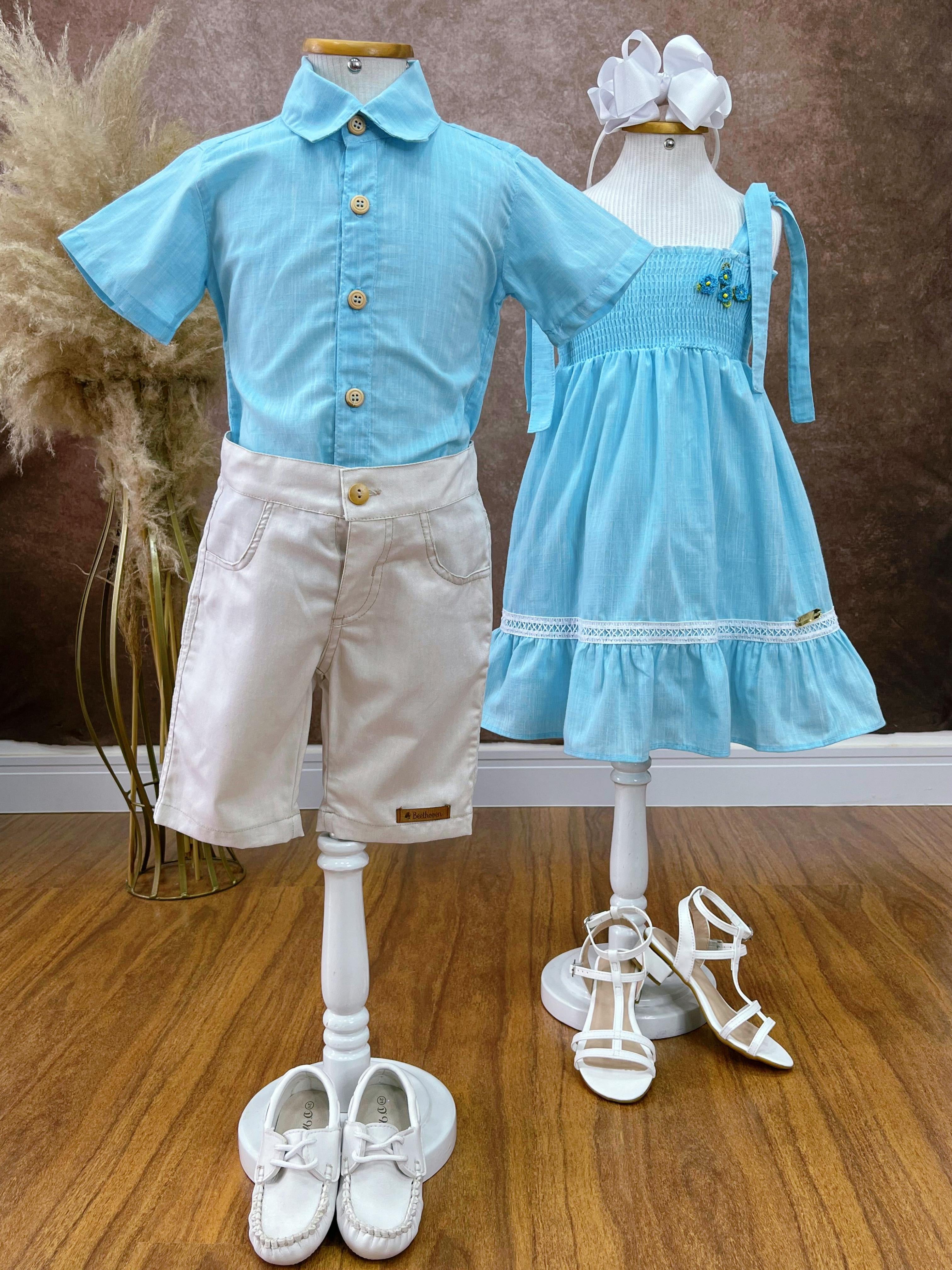 Conjunto Meninos Camisa Azul Mescla Bermuda Bege Casual