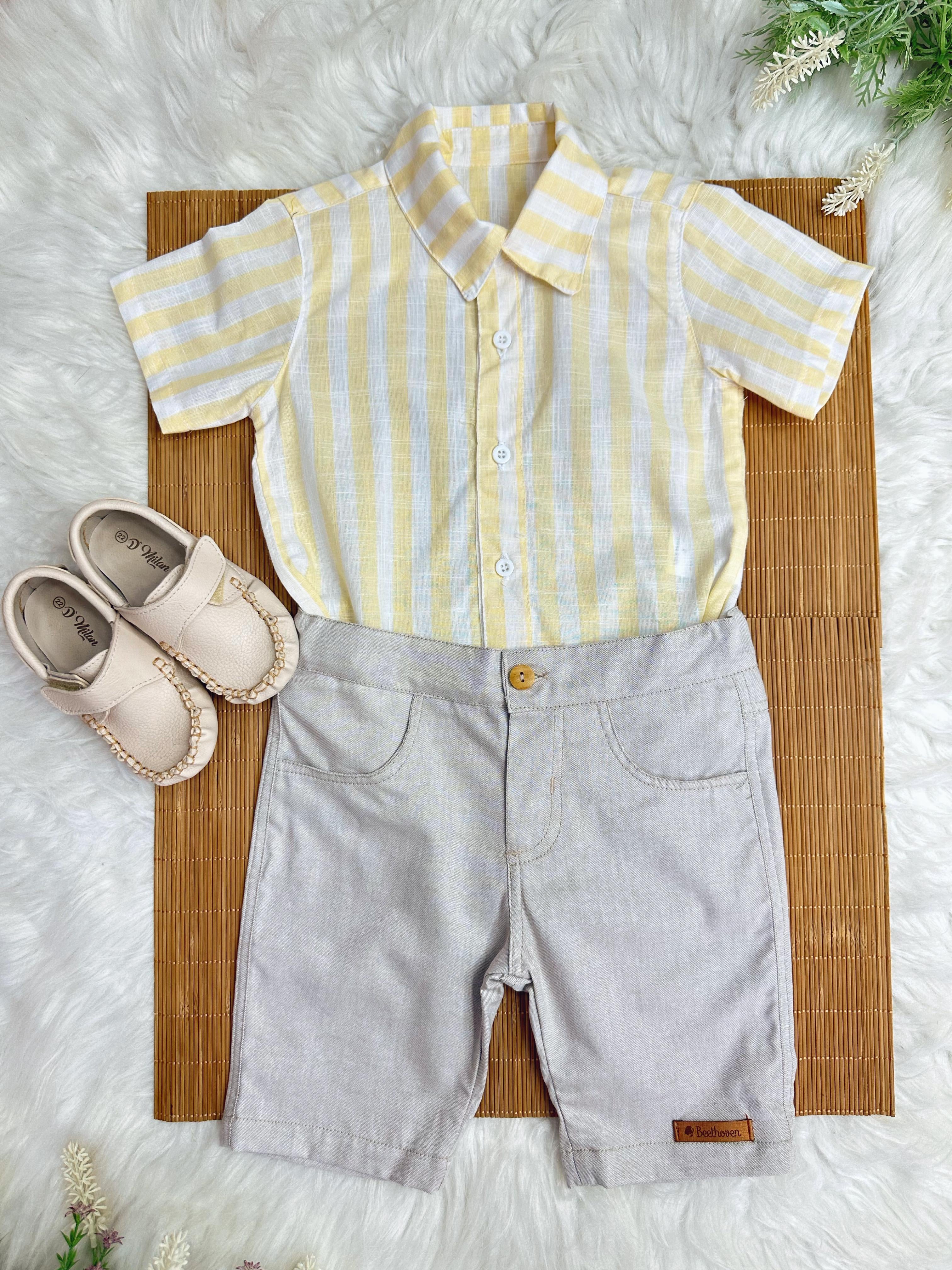 Conjunto Meninos Camisa Listrada Amarela Bermuda Bege Casual