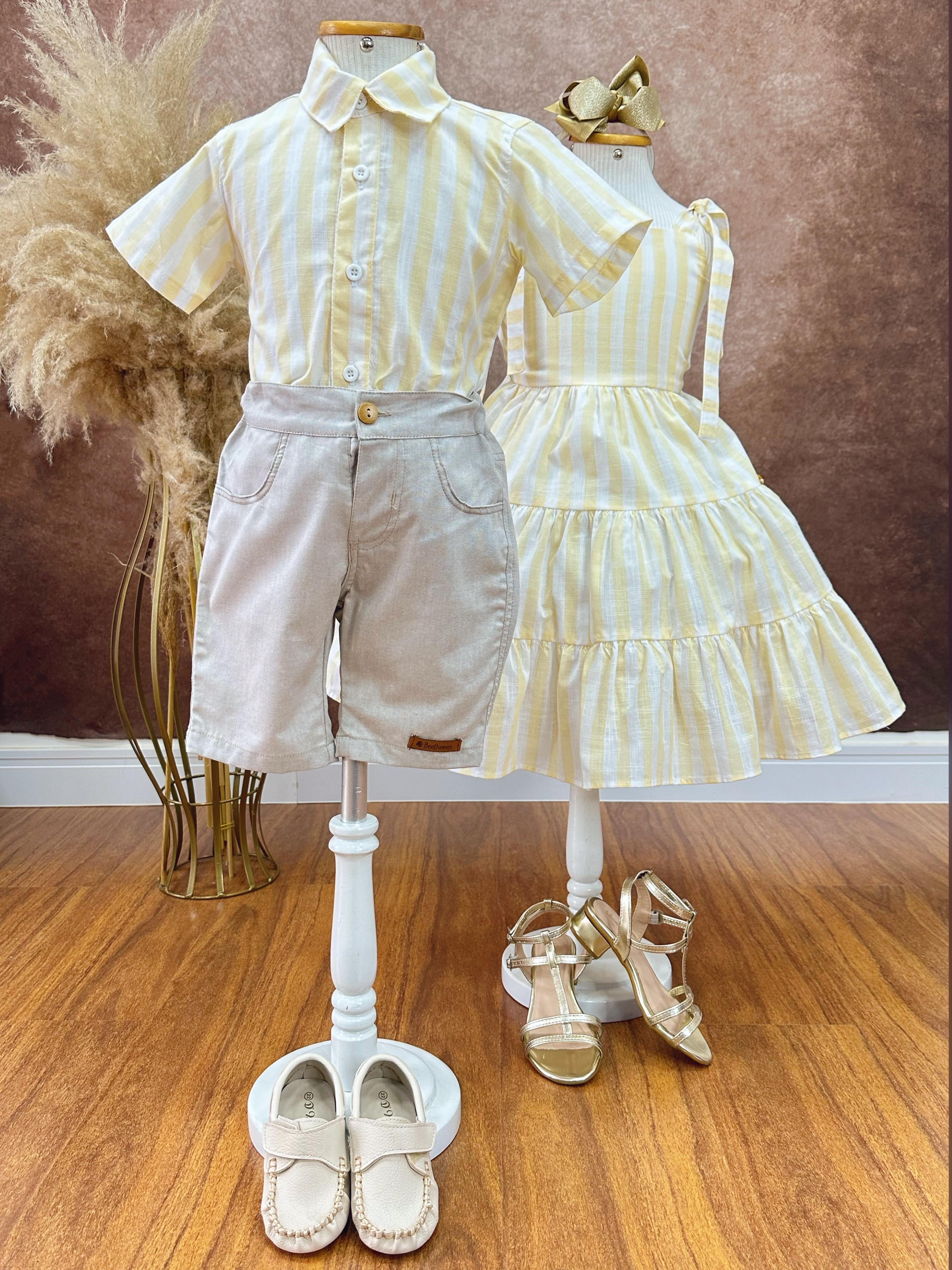 Conjunto Meninos Camisa Listrada Amarela Bermuda Bege Casual