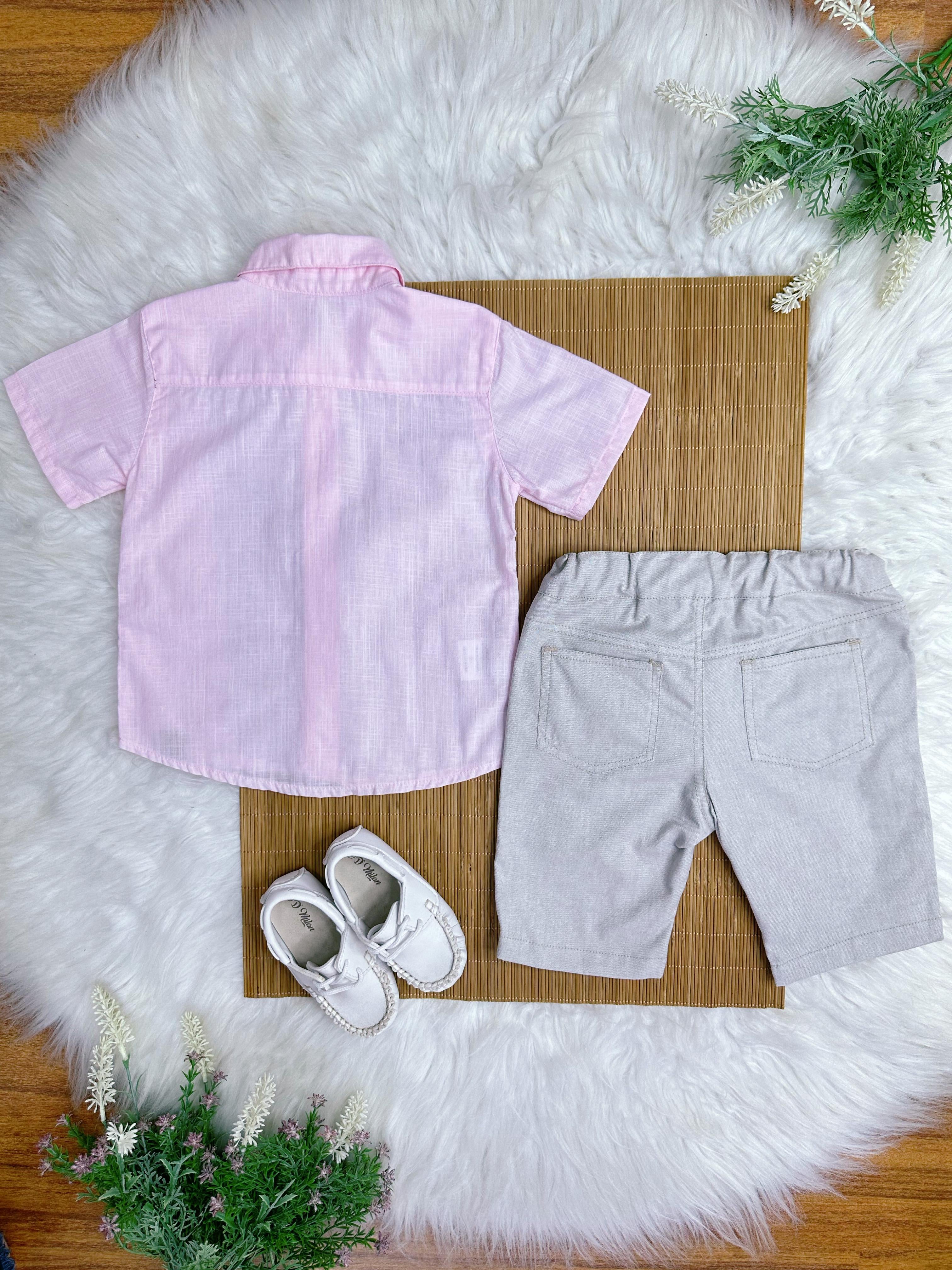 Conjunto Meninos Camisa Rosa Mescla Bermuda Bege Casual