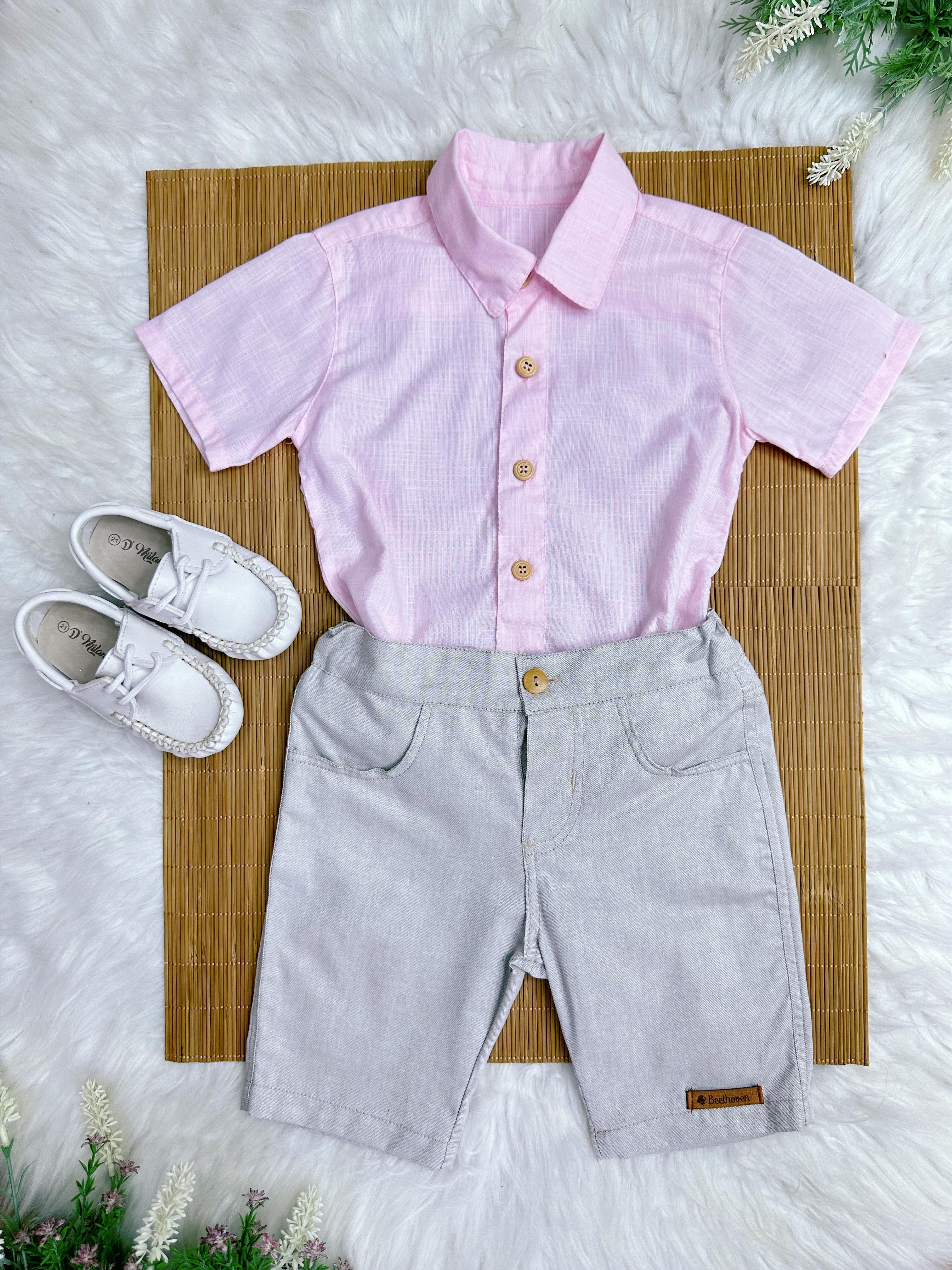 Conjunto Meninos Camisa Rosa Mescla Bermuda Bege Casual